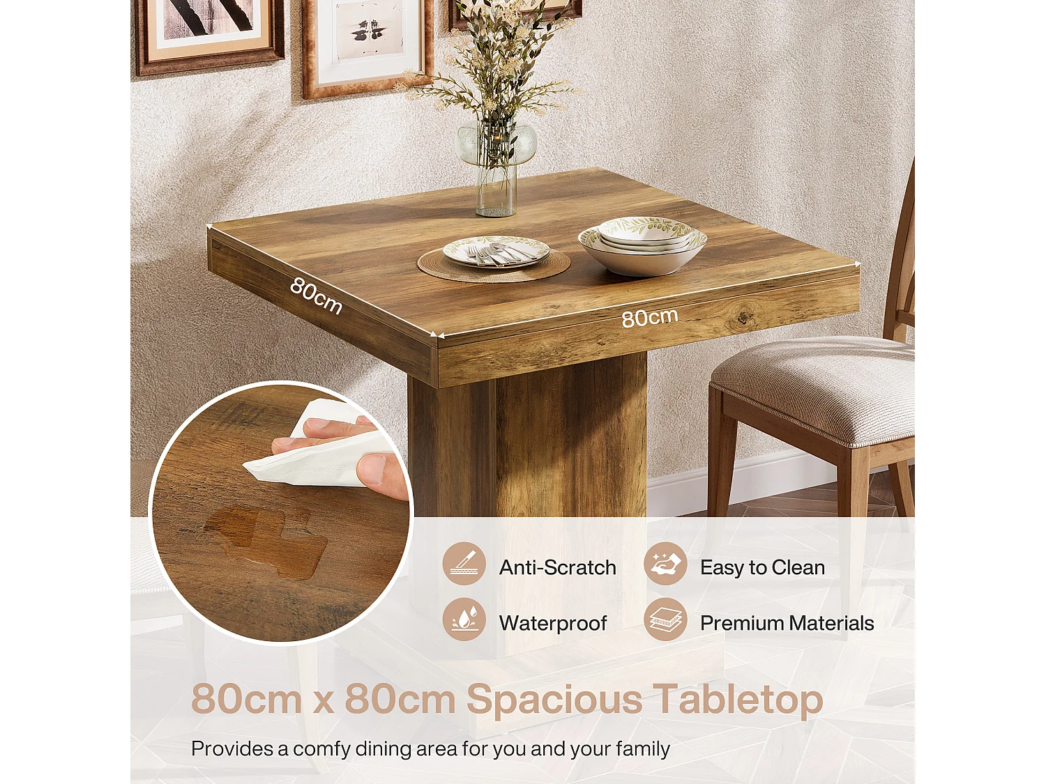 Table de salle à manger carrée pour 4 personnes, table de cuisine de style campagnard avec pied central robuste