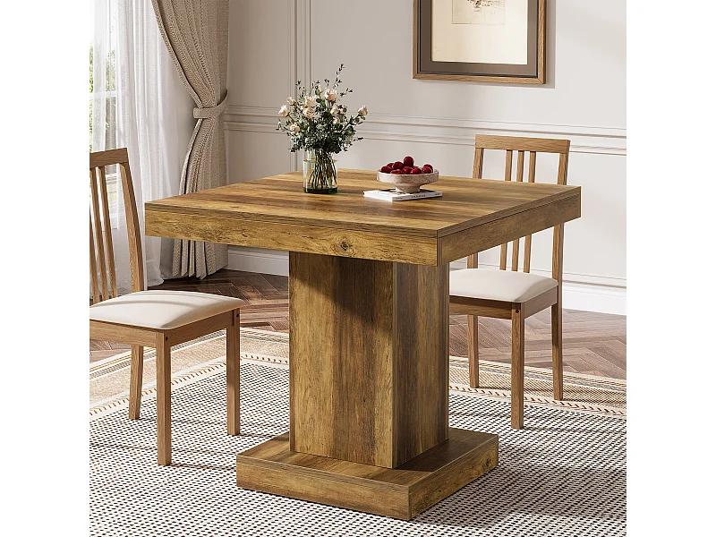 Table de salle à manger carrée pour 4 personnes, table de cuisine de style campagnard avec pied central robuste