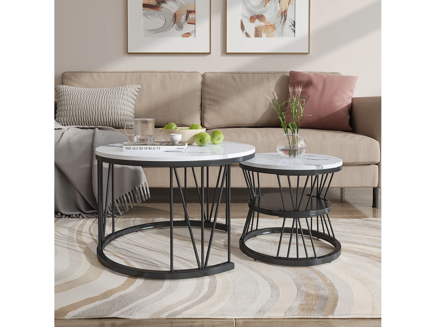 Juego de 2 mesas de centro redondas - Base en forma de V - Estructura de metal negro - Tapa con textura de mármol blanco