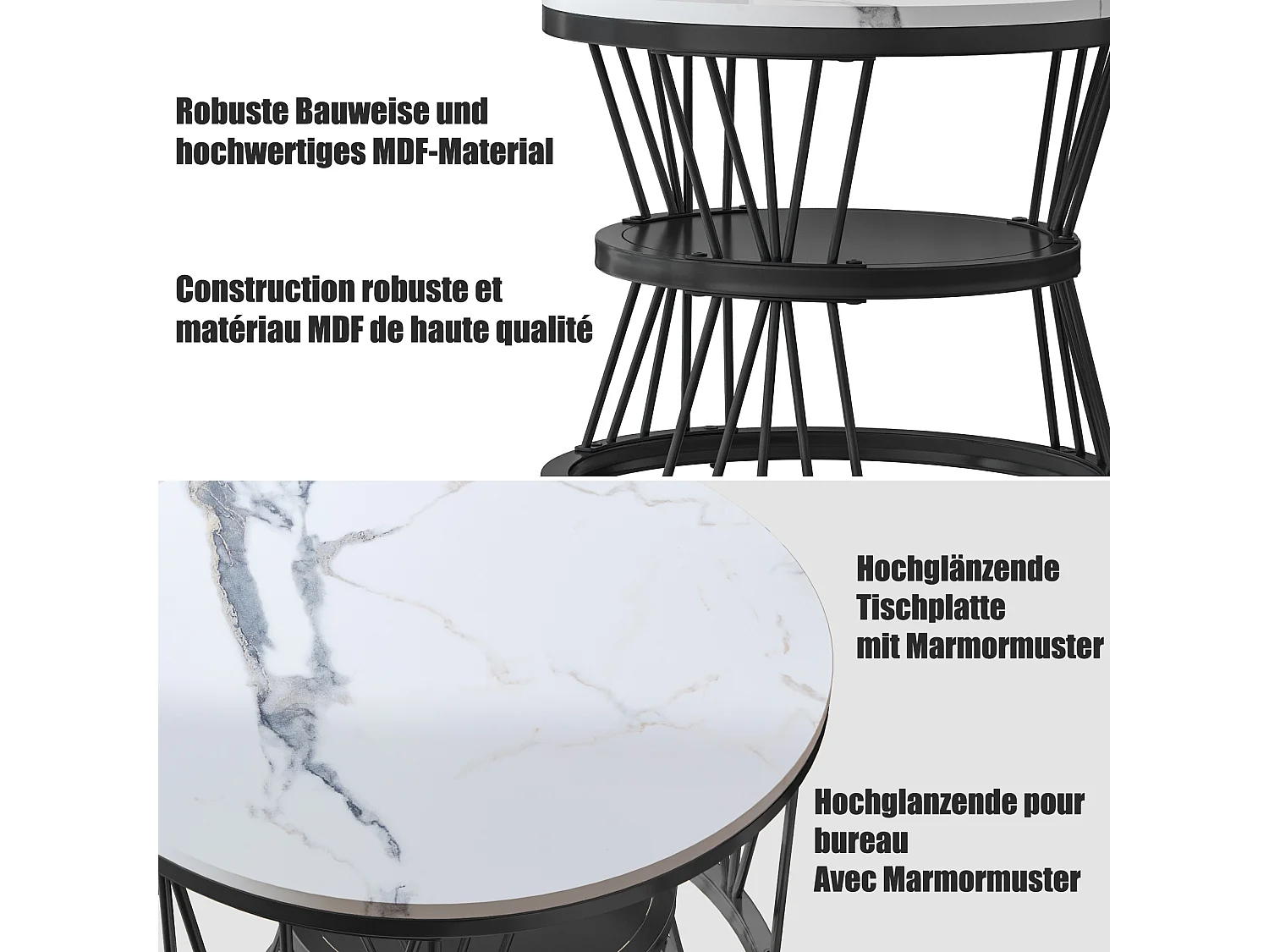 Juego de 2 mesas de centro redondas - Base en forma de V - Estructura de metal negro - Tapa con textura de mármol blanco