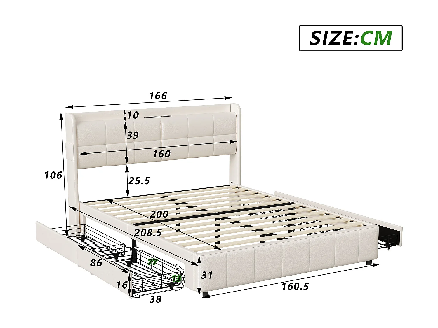 Lit adulte 160x200 cm avec 4 tiroirs - tête de lit avec port USB - sommier à lattes - PU - ​​blanc