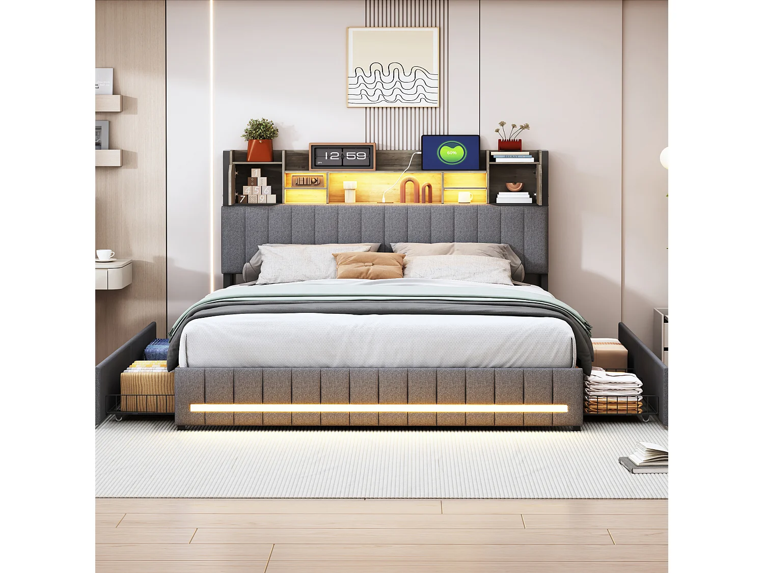 Cama con almacenaje de 140x200 cm con iluminación LED y puerto USB - cabecero con espacio de almacenaje - 4 cajones - lino - gris