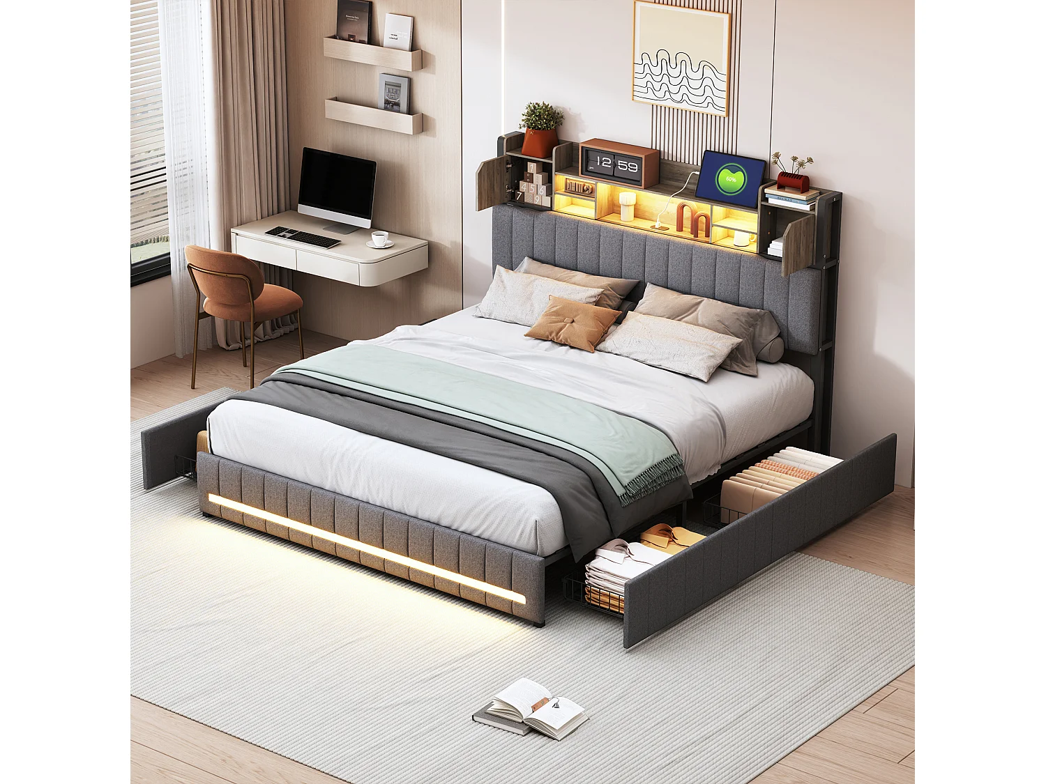 Lit coffre 140x200cm avec éclairage LED et port USB - tête de lit avec espace de rangement - 4 tiroirs - lin - gris