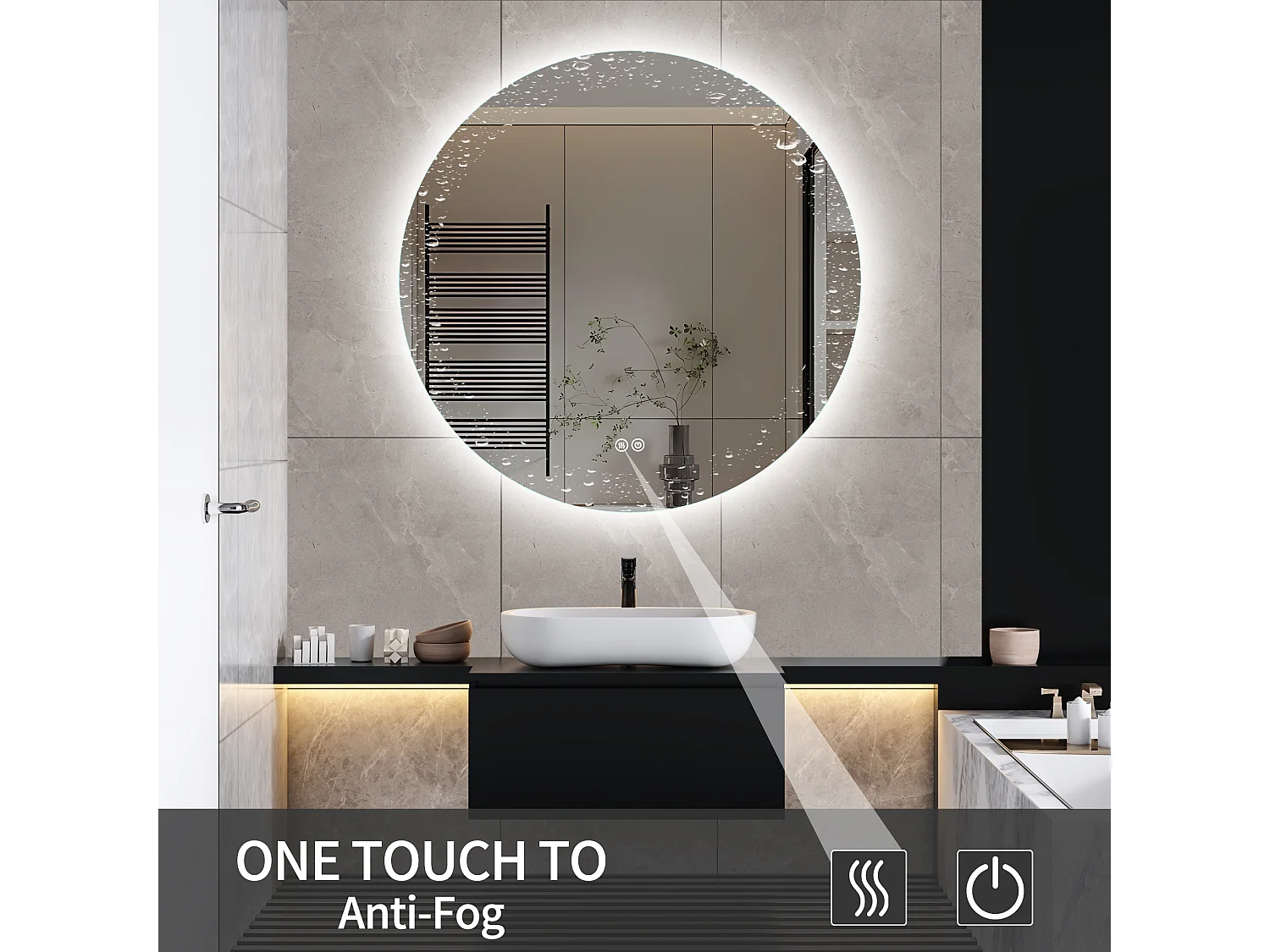 Espejo de baño con iluminación LED - 80 x 80 cm - Interruptor táctil - 3 colores de iluminación - Montaje en pared