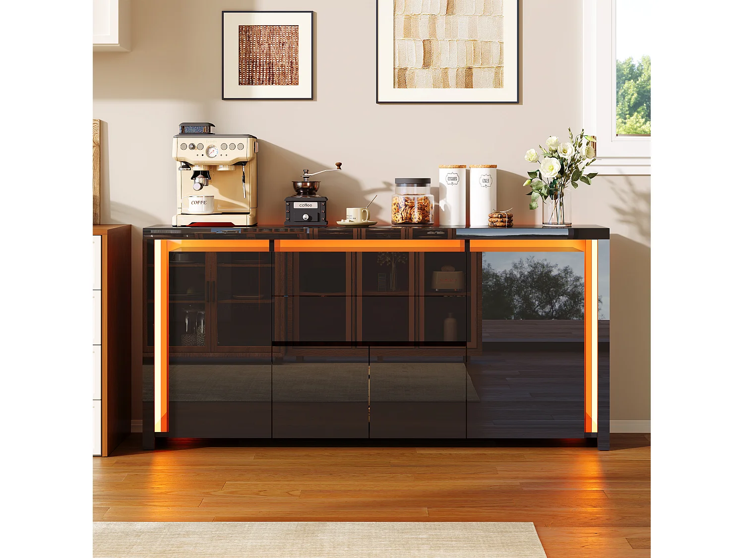 Aparador con iluminación LED y 2 cajones - Cómoda de 4 puertas con compartimentos - Mueble de almacenaje - Mueble de cocina/salón - Negro