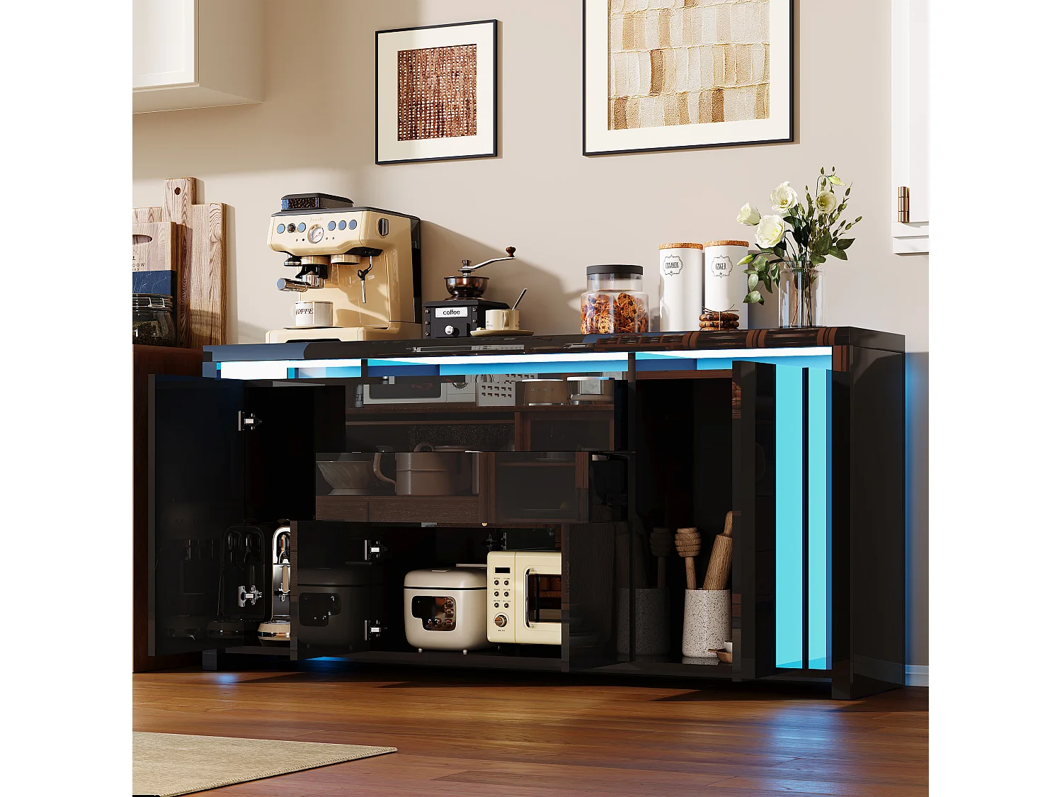 Aparador con iluminación LED y 2 cajones - Cómoda de 4 puertas con compartimentos - Mueble de almacenaje - Mueble de cocina/salón - Negro