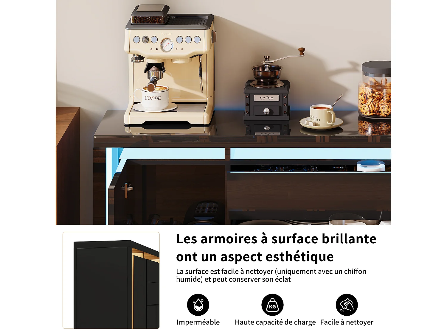 Aparador con iluminación LED y 2 cajones - Cómoda de 4 puertas con compartimentos - Mueble de almacenaje - Mueble de cocina/salón - Negro