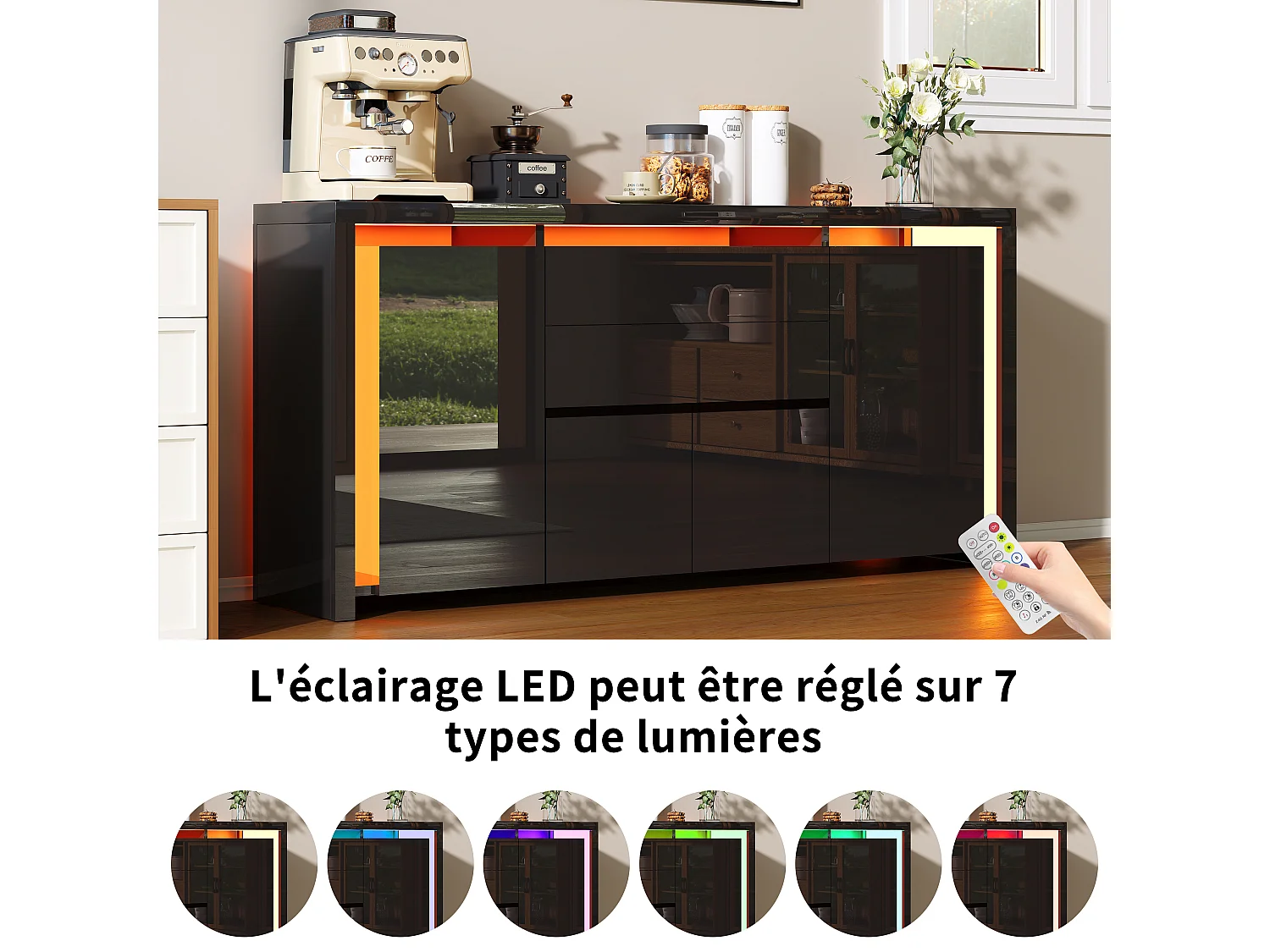 Aparador con iluminación LED y 2 cajones - Cómoda de 4 puertas con compartimentos - Mueble de almacenaje - Mueble de cocina/salón - Negro