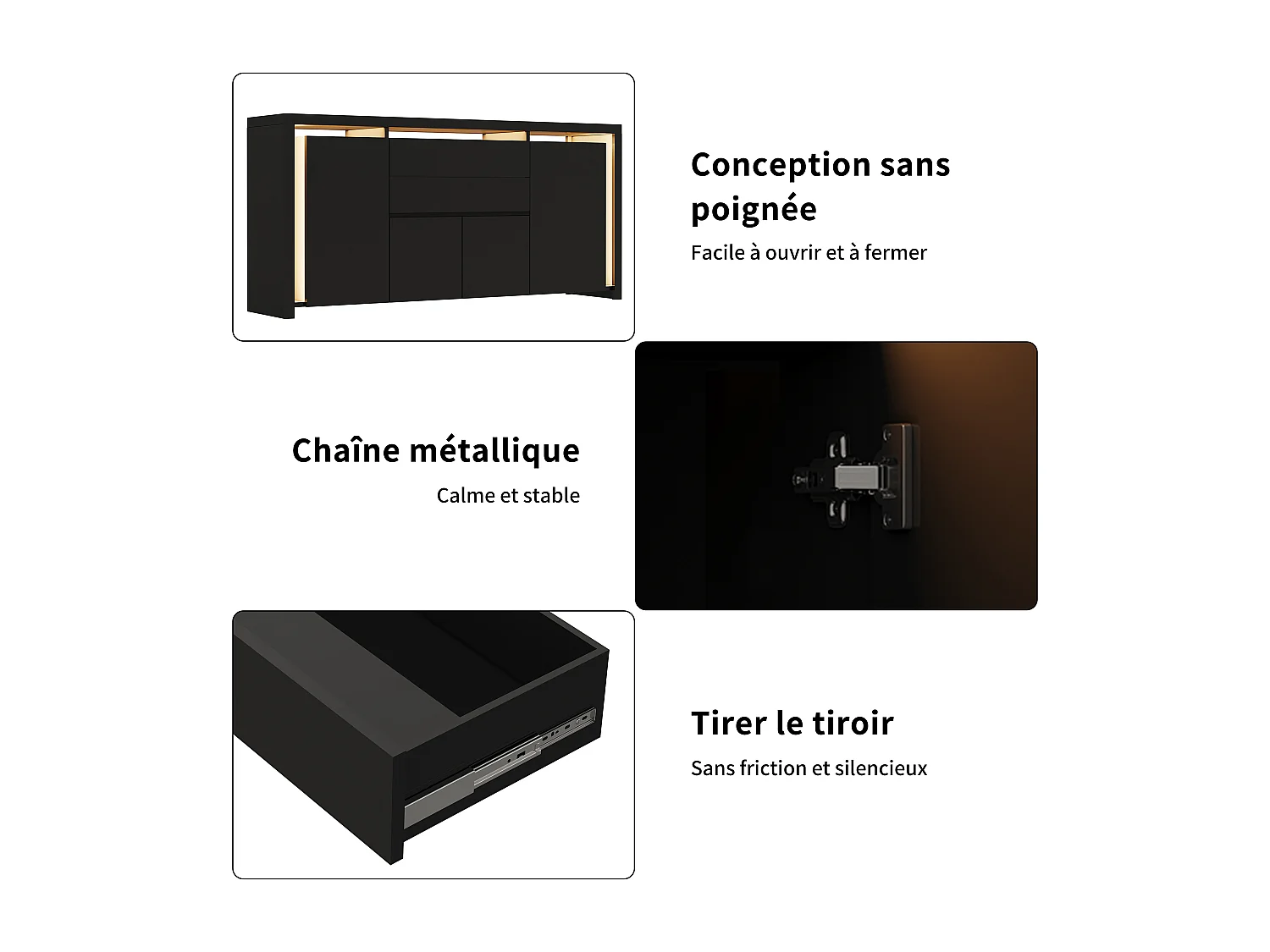 Aparador con iluminación LED y 2 cajones - Cómoda de 4 puertas con compartimentos - Mueble de almacenaje - Mueble de cocina/salón - Negro