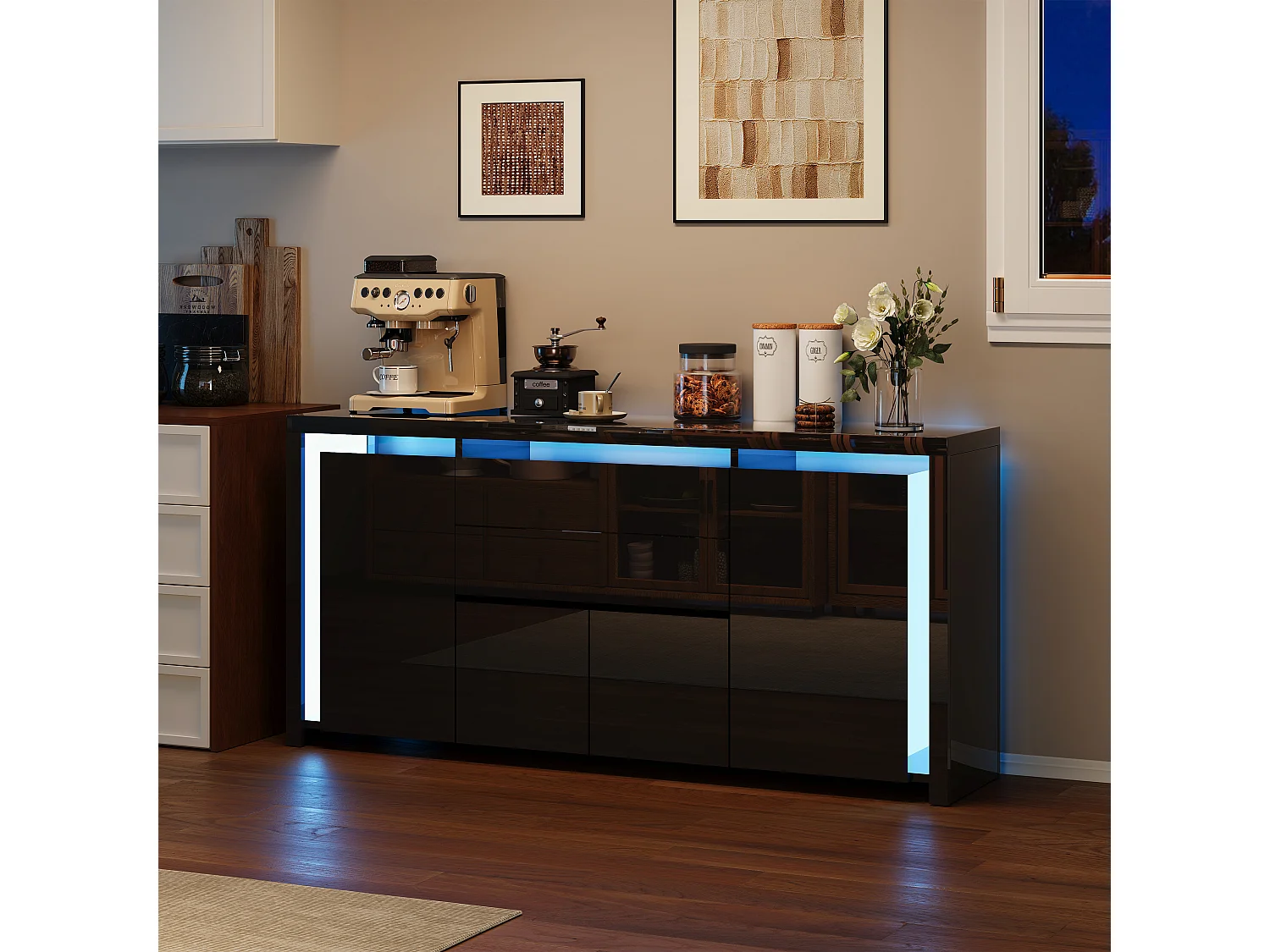 Aparador con iluminación LED y 2 cajones - Cómoda de 4 puertas con compartimentos - Mueble de almacenaje - Mueble de cocina/salón - Negro
