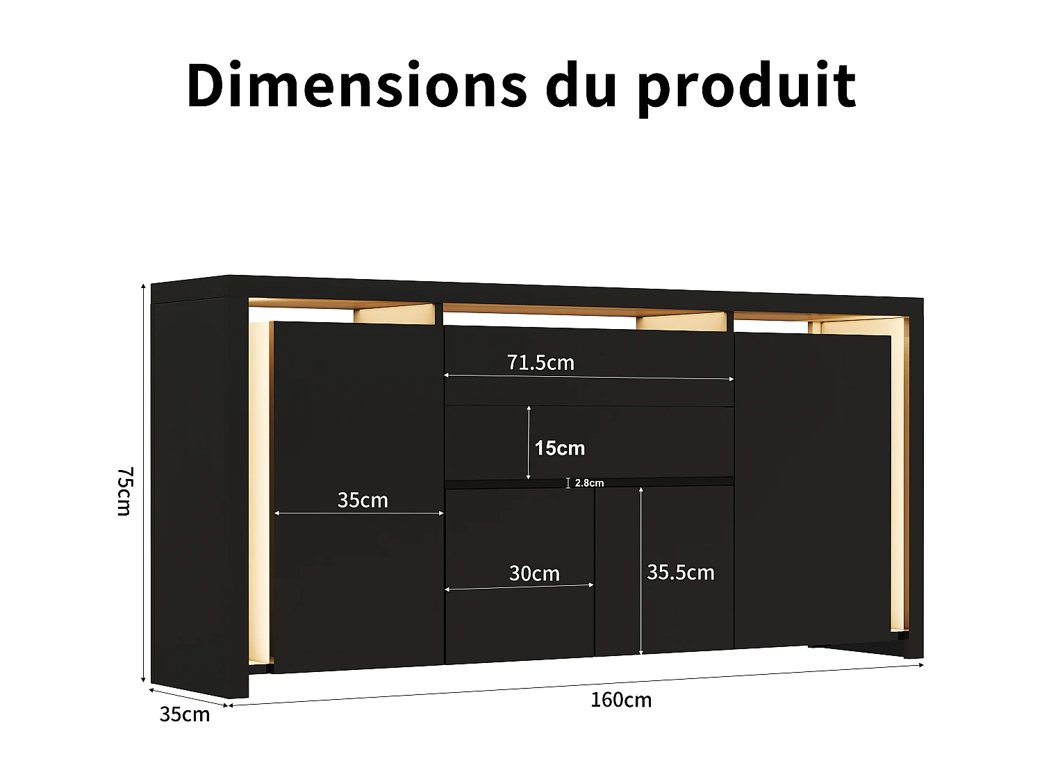 Aparador con iluminación LED y 2 cajones - Cómoda de 4 puertas con compartimentos - Mueble de almacenaje - Mueble de cocina/salón - Negro