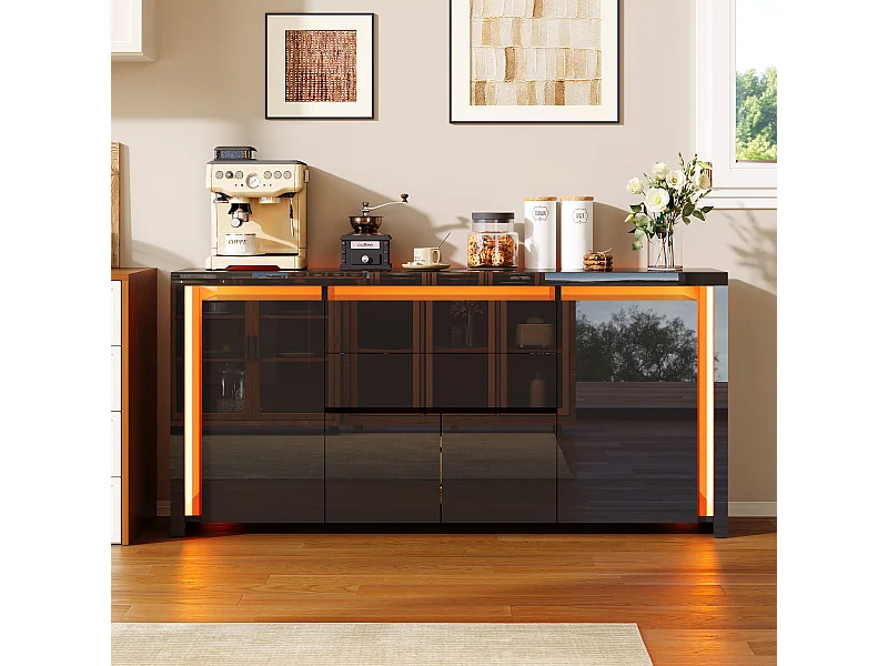 Aparador con iluminación LED y 2 cajones - Cómoda de 4 puertas con compartimentos - Mueble de almacenaje - Mueble de cocina/salón - Negro