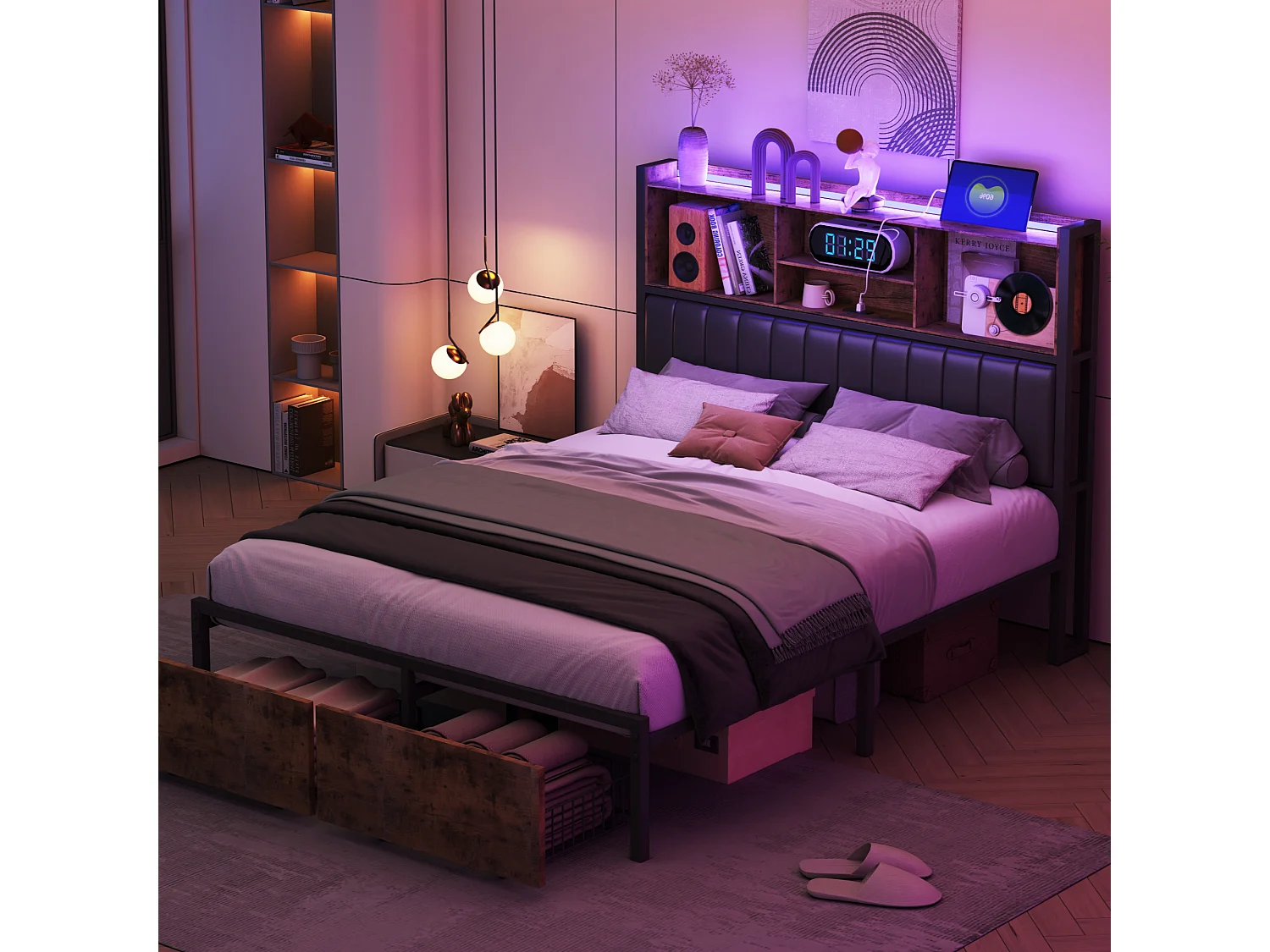 Lit double 140 x 200 cm avec 2 tiroirs - Éclairage LED et port USB - Tête de lit avec espace de rangement - Noir