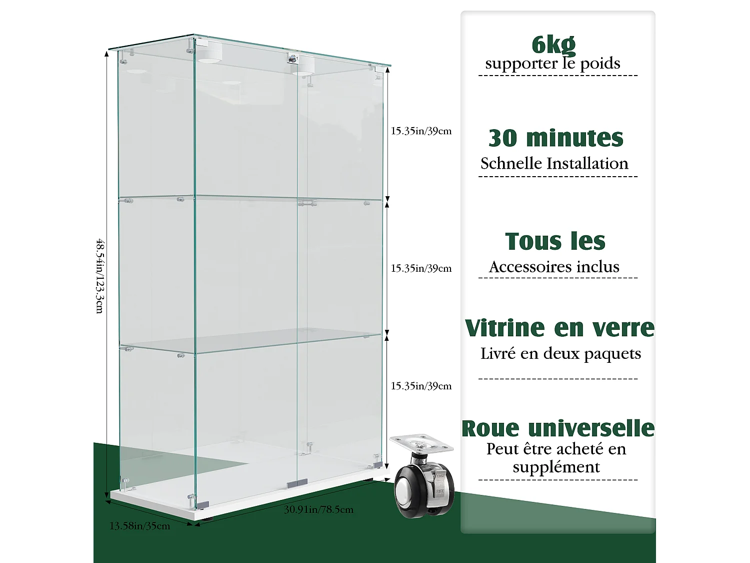 Vitrine avec éclairage LED, vitrine sur pied avec serrure, 2 portes et 3 étagères, blanc,123.3 x 78,5 x 35 cm