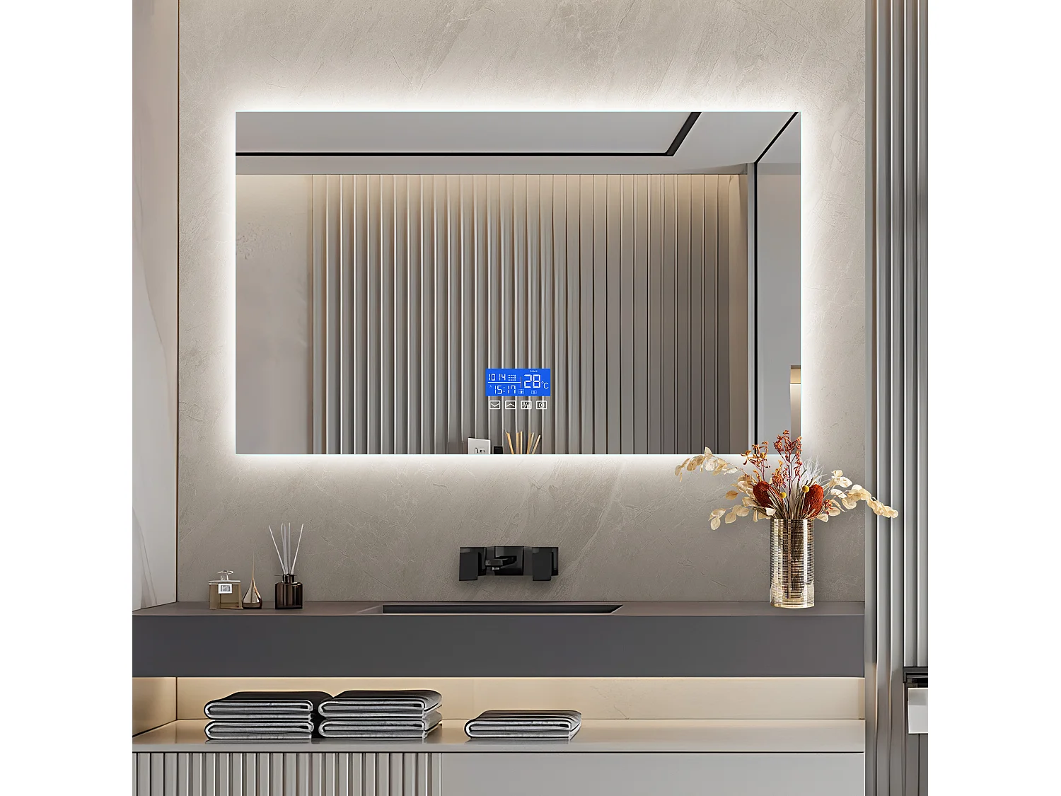 Espejo de baño con iluminación LED - 100 x 60 cm - 3 colores de luz - con indicador de temperatura