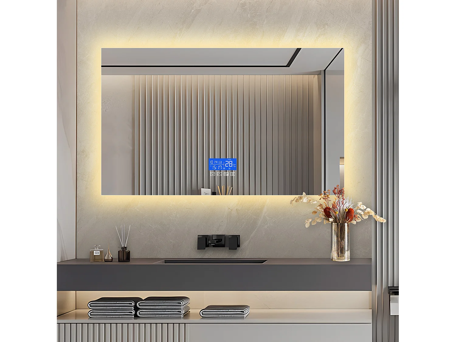 Espejo de baño con iluminación LED - 100 x 60 cm - 3 colores de luz - con indicador de temperatura