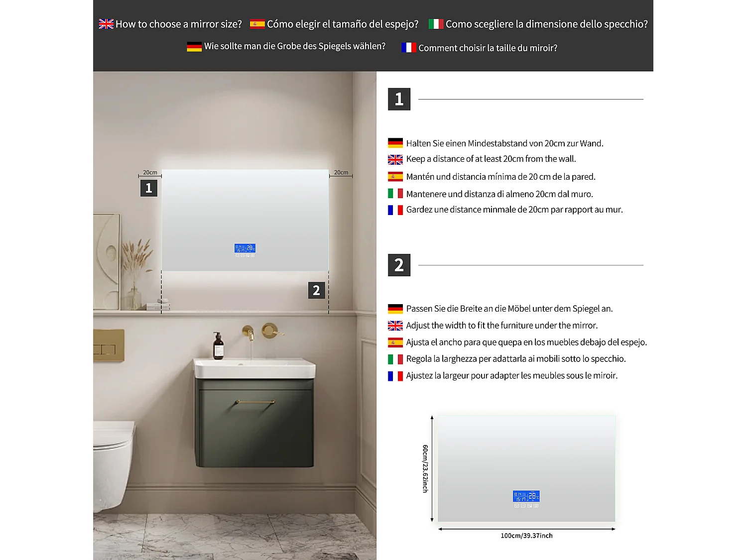 Espejo de baño con iluminación LED - 100 x 60 cm - 3 colores de luz - con indicador de temperatura