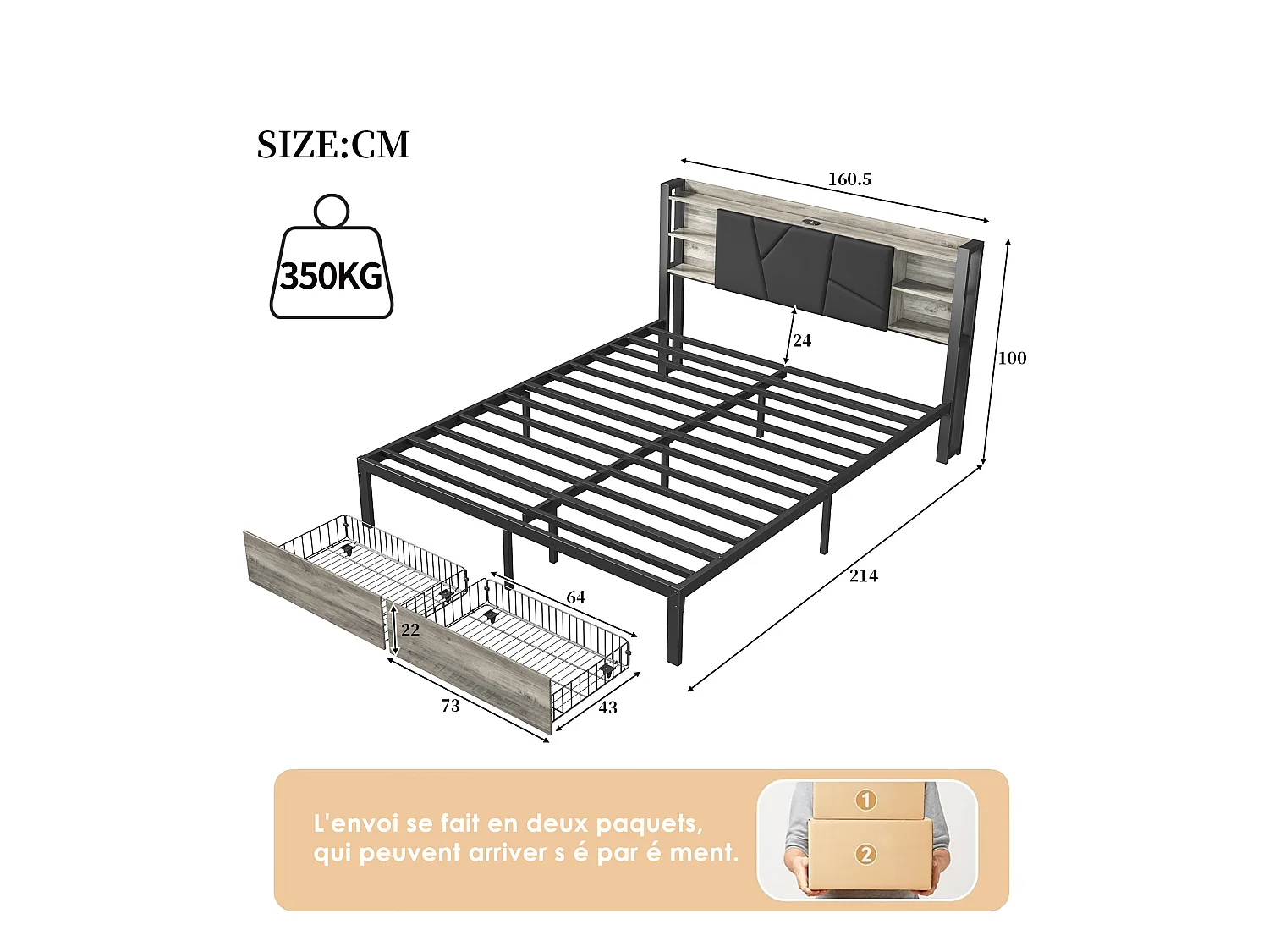 Tweepersoonsbed 160 x 200 cm - Hoofdbord met LED- en USB-aansluitingen - 2 lades en opbergvakken - PU - Zwart