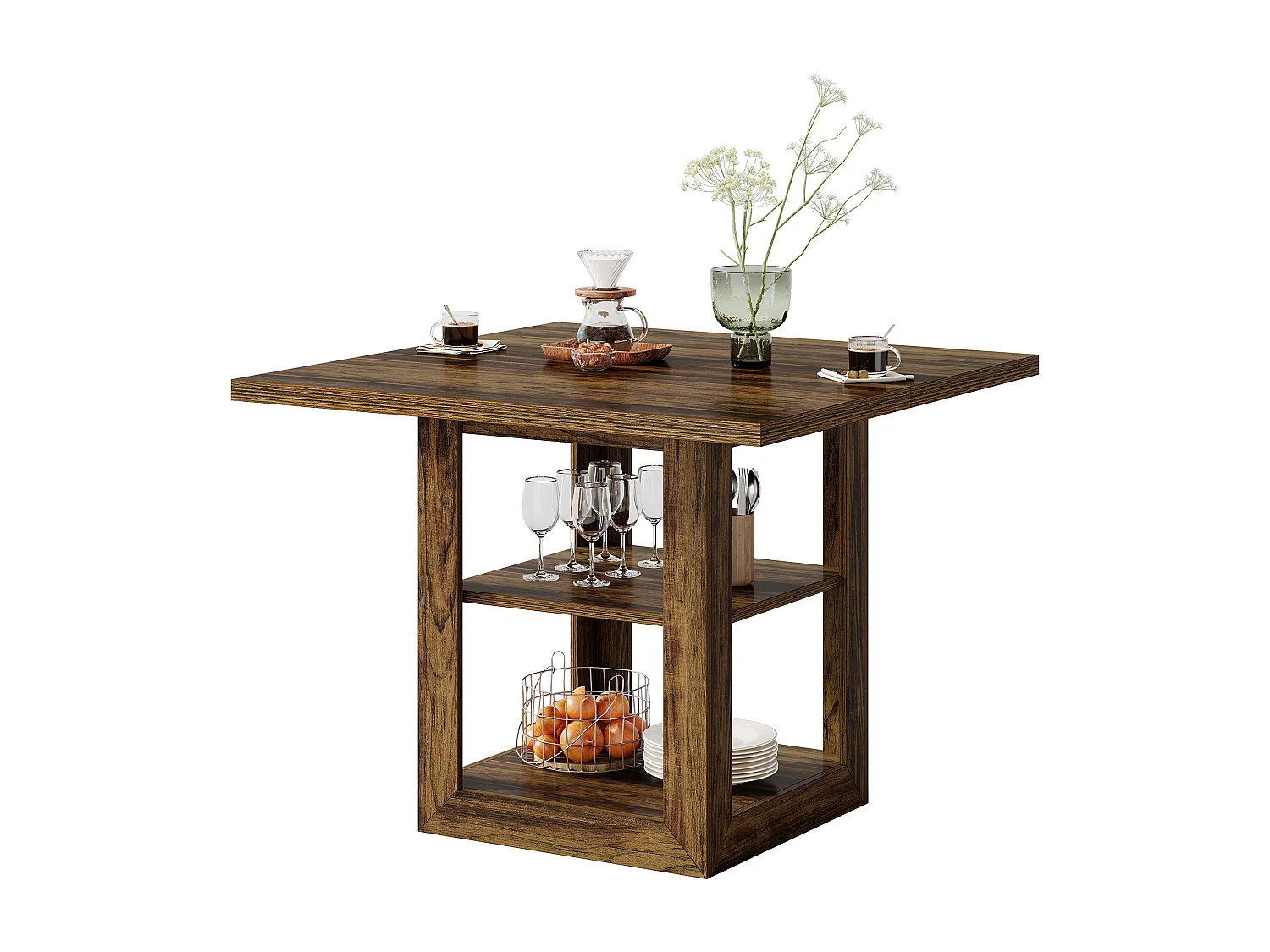 Table de salle à manger carrée pour 4 personnes, 80 cm, style campagnard, avec étagère de rangement pour la cuisine ou la salle à manger.