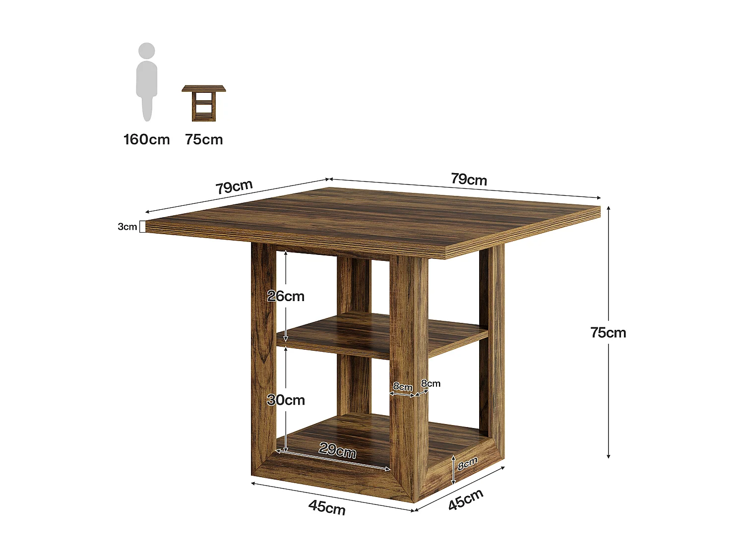 Table de salle à manger carrée pour 4 personnes, 80 cm, style campagnard, avec étagère de rangement pour la cuisine ou la salle à manger.