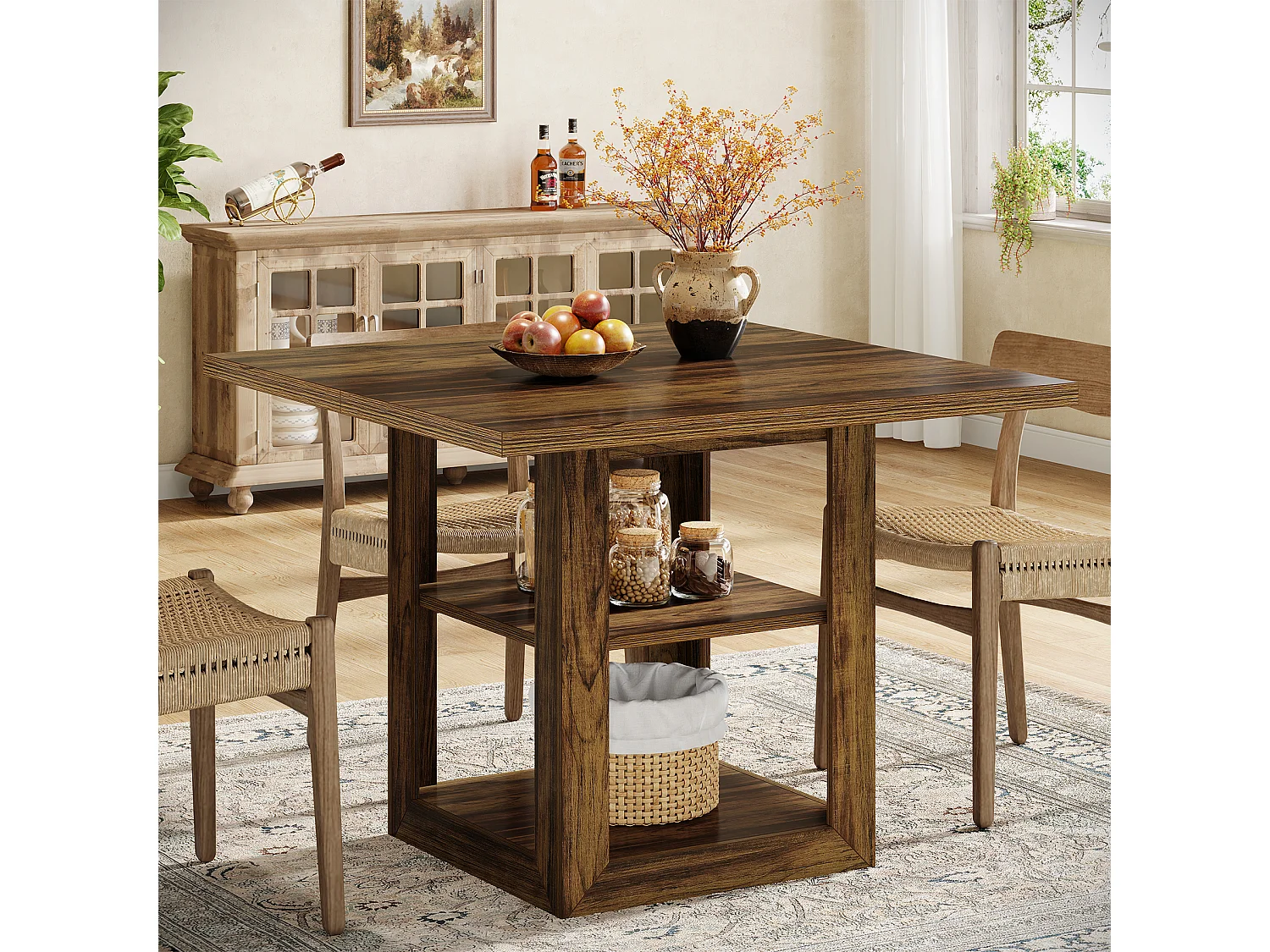 Table de salle à manger carrée pour 4 personnes, 80 cm, style campagnard, avec étagère de rangement pour la cuisine ou la salle à manger.
