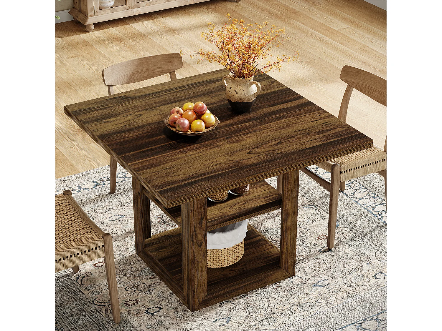 Table de salle à manger carrée pour 4 personnes, 80 cm, style campagnard, avec étagère de rangement pour la cuisine ou la salle à manger.