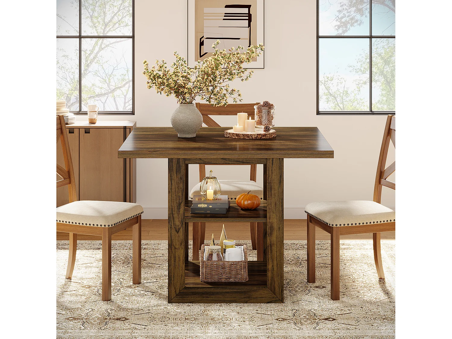 Table de salle à manger carrée pour 4 personnes, 80 cm, style campagnard, avec étagère de rangement pour la cuisine ou la salle à manger.