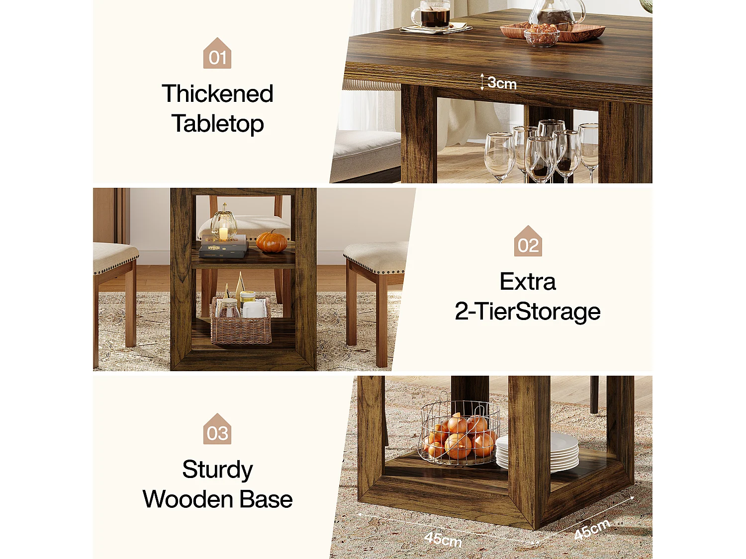 Table de salle à manger carrée pour 4 personnes, 80 cm, style campagnard, avec étagère de rangement pour la cuisine ou la salle à manger.