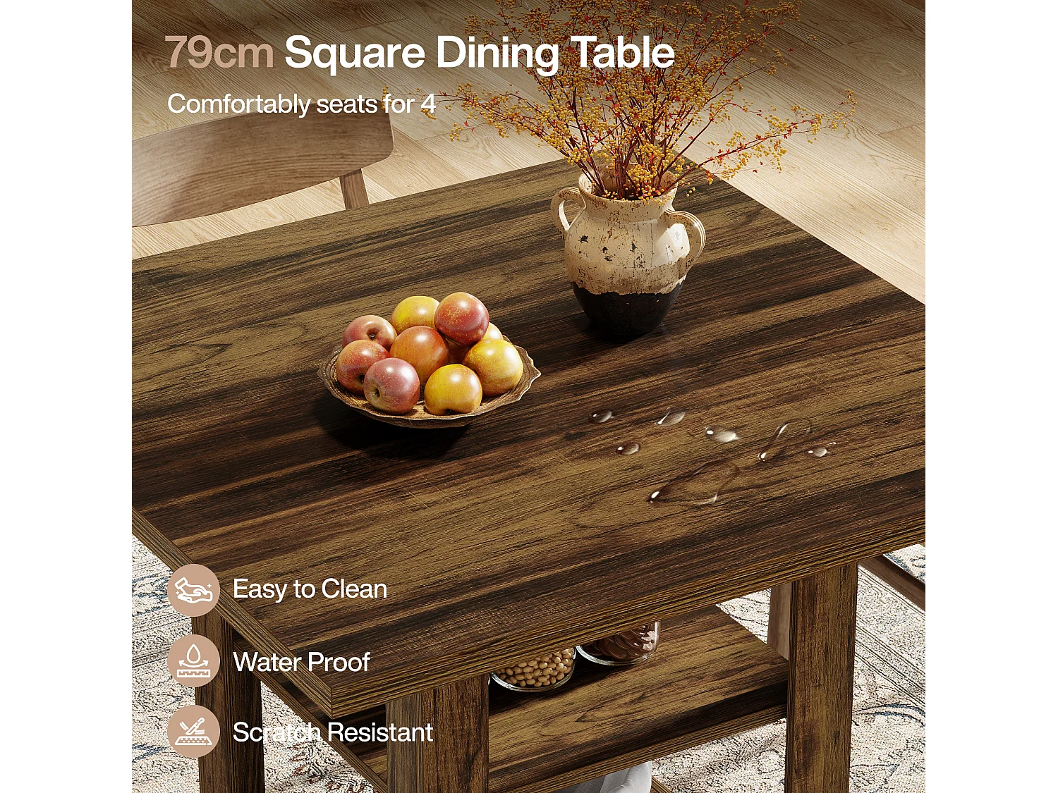 Table de salle à manger carrée pour 4 personnes, 80 cm, style campagnard, avec étagère de rangement pour la cuisine ou la salle à manger.