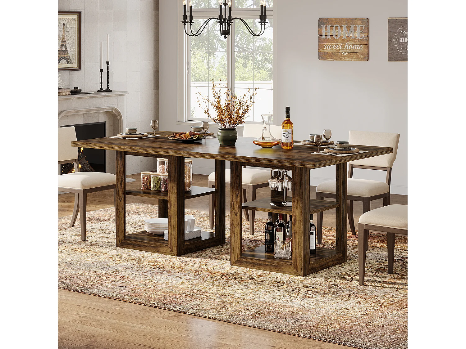 Table de salle à manger carrée pour 4 personnes, 80 cm, style campagnard, avec étagère de rangement pour la cuisine ou la salle à manger.