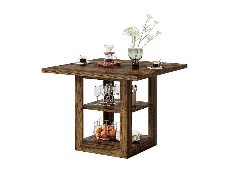 Table de salle à manger carrée pour 4 personnes, 80 cm, style campagnard, avec étagère de rangement pour la cuisine ou la salle à manger.