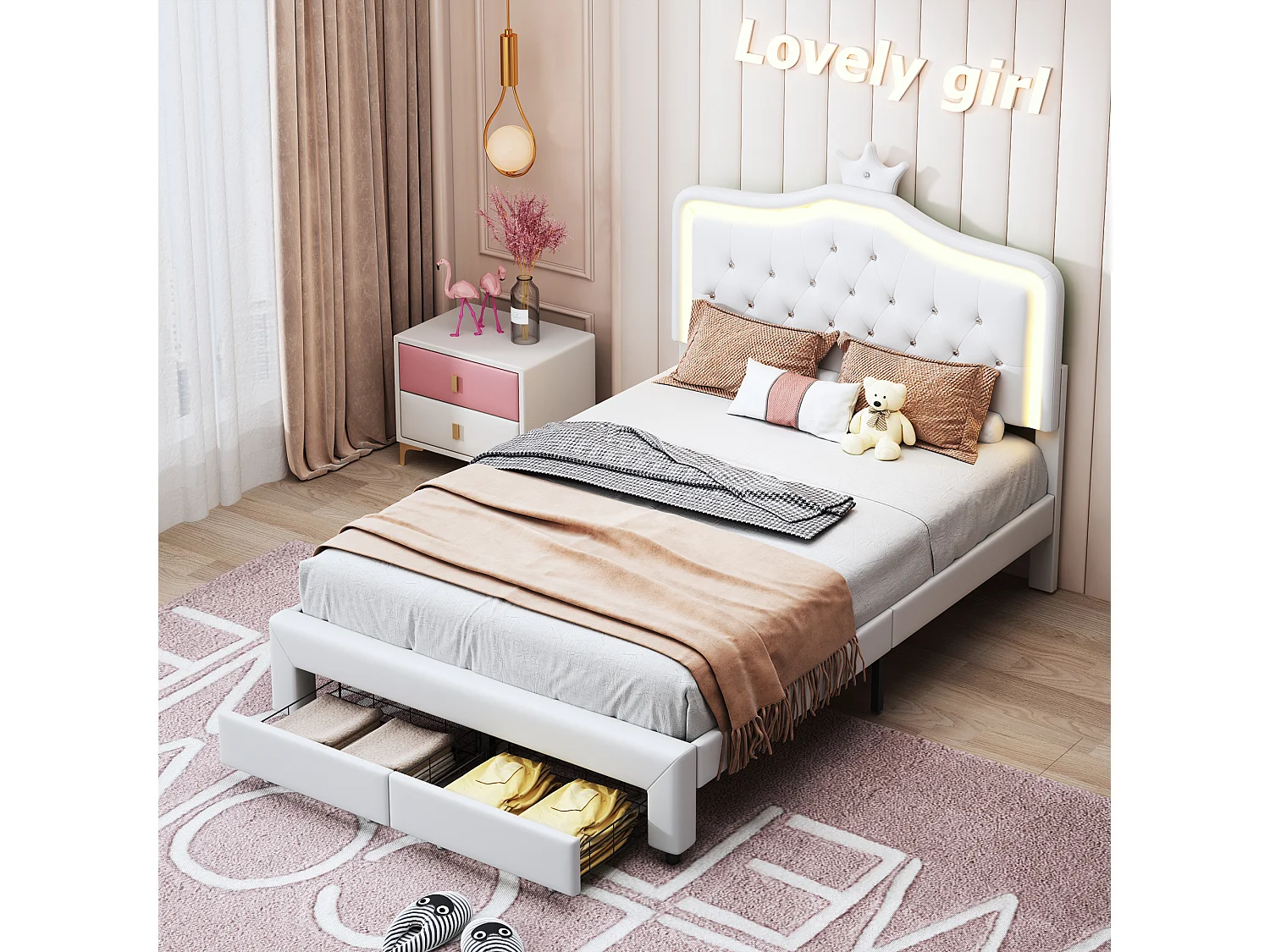 Lit double 140x200 cm avec éclairage LED et 2 tiroirs - Tête de lit Crown réglable en hauteur - PU - Blanc