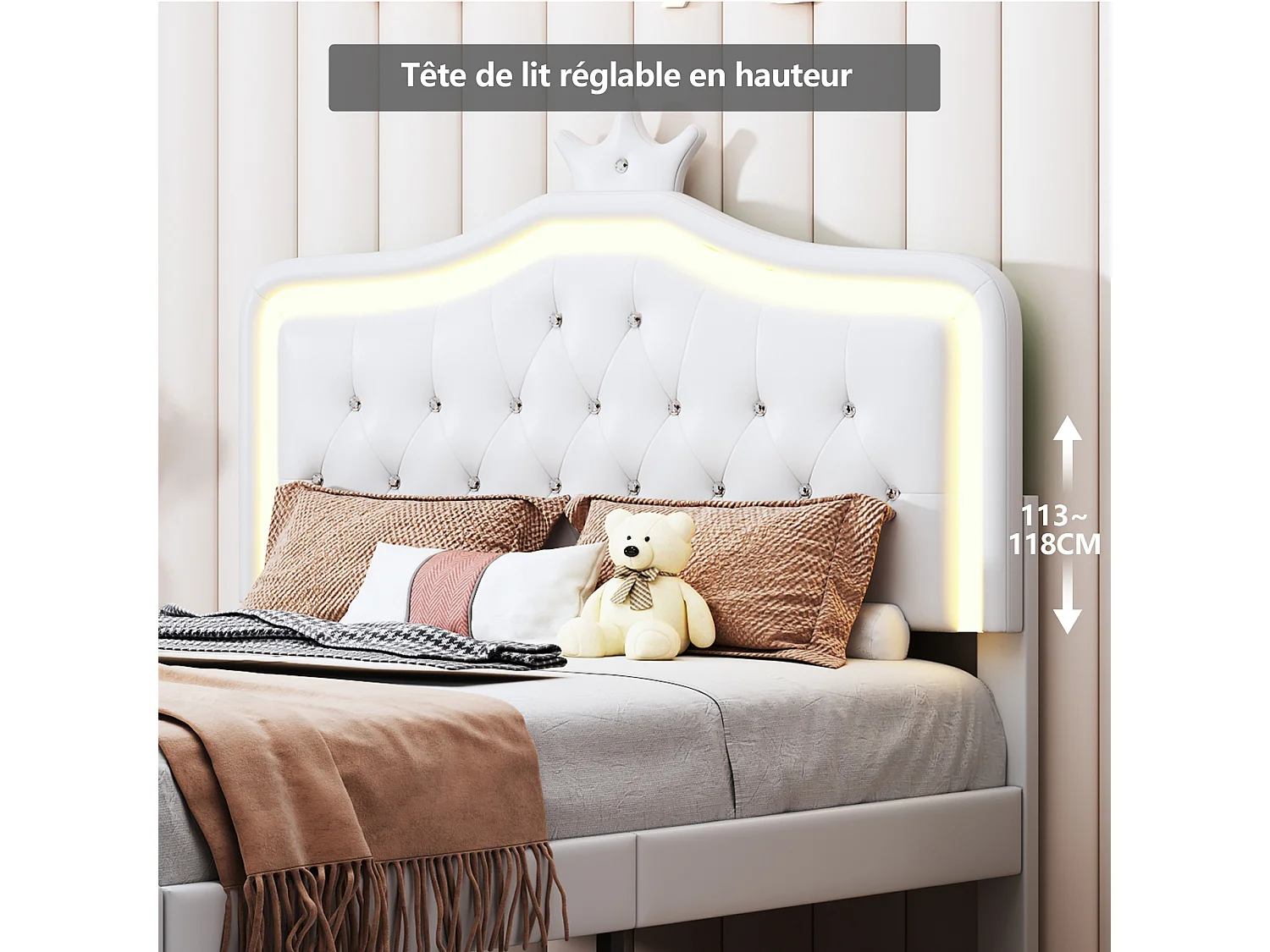 Lit double 140x200 cm avec éclairage LED et 2 tiroirs - Tête de lit Crown réglable en hauteur - PU - Blanc