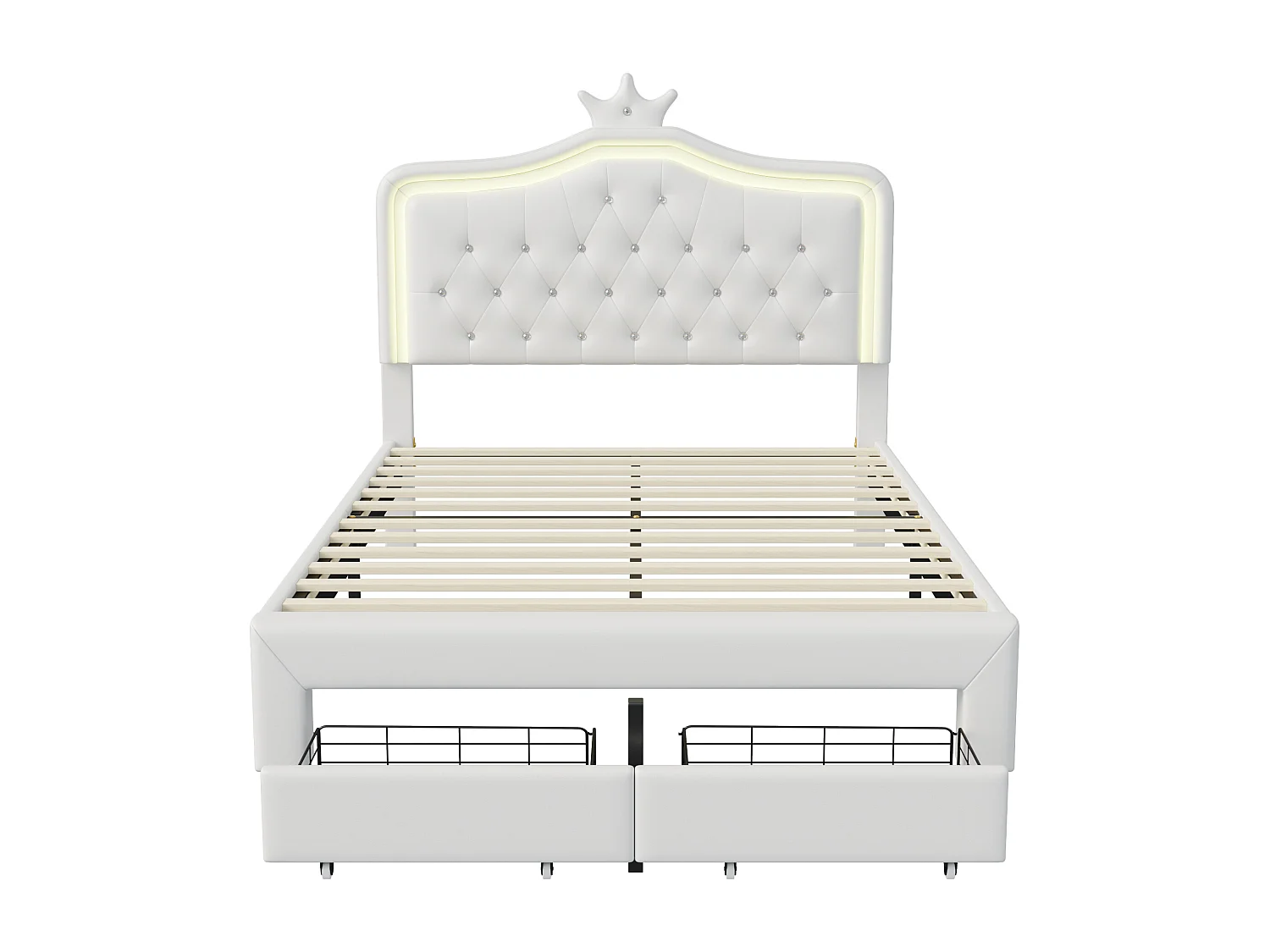 Lit double 140x200 cm avec éclairage LED et 2 tiroirs - Tête de lit Crown réglable en hauteur - PU - Blanc