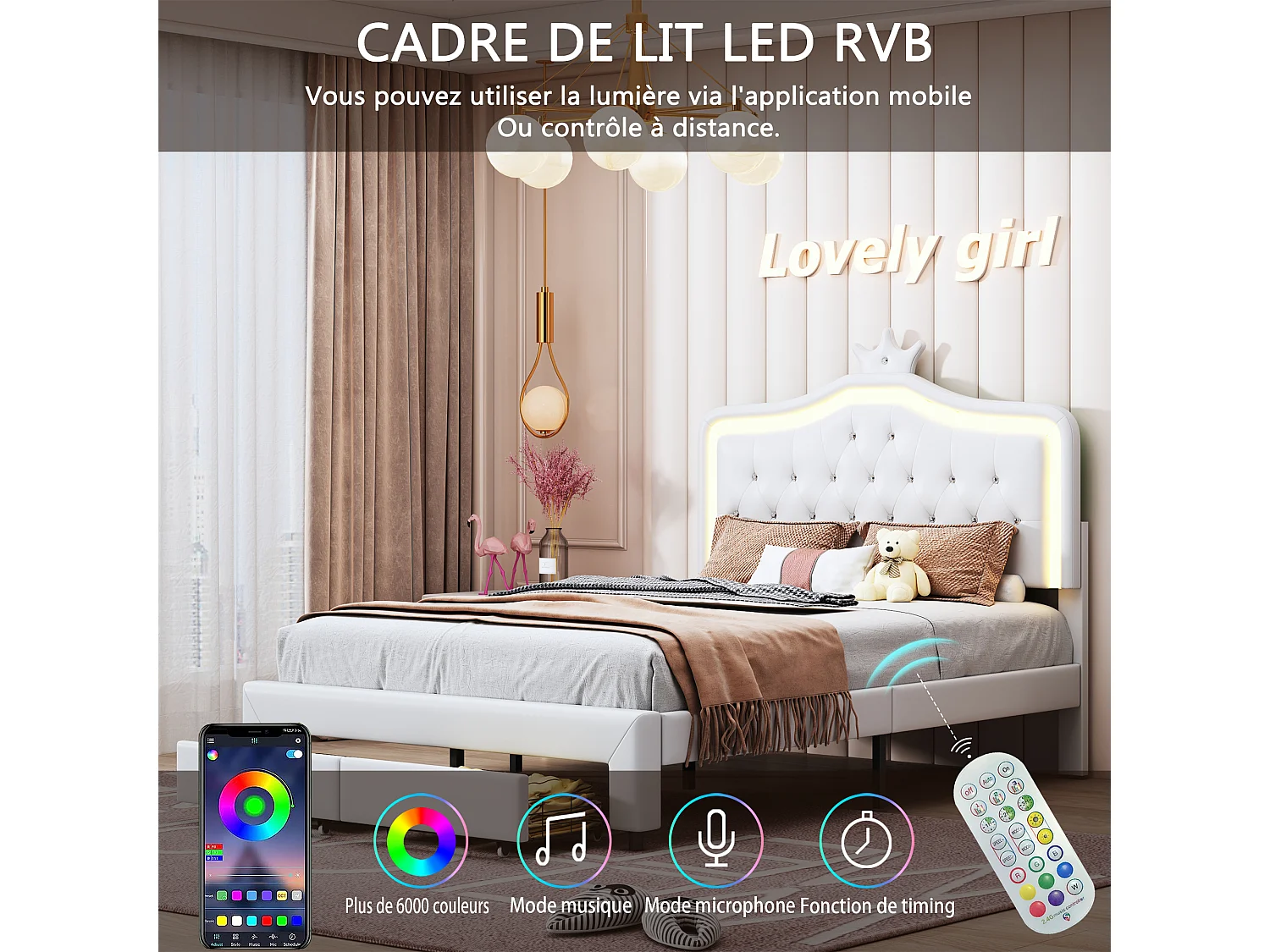 Lit double 140x200 cm avec éclairage LED et 2 tiroirs - Tête de lit Crown réglable en hauteur - PU - Blanc