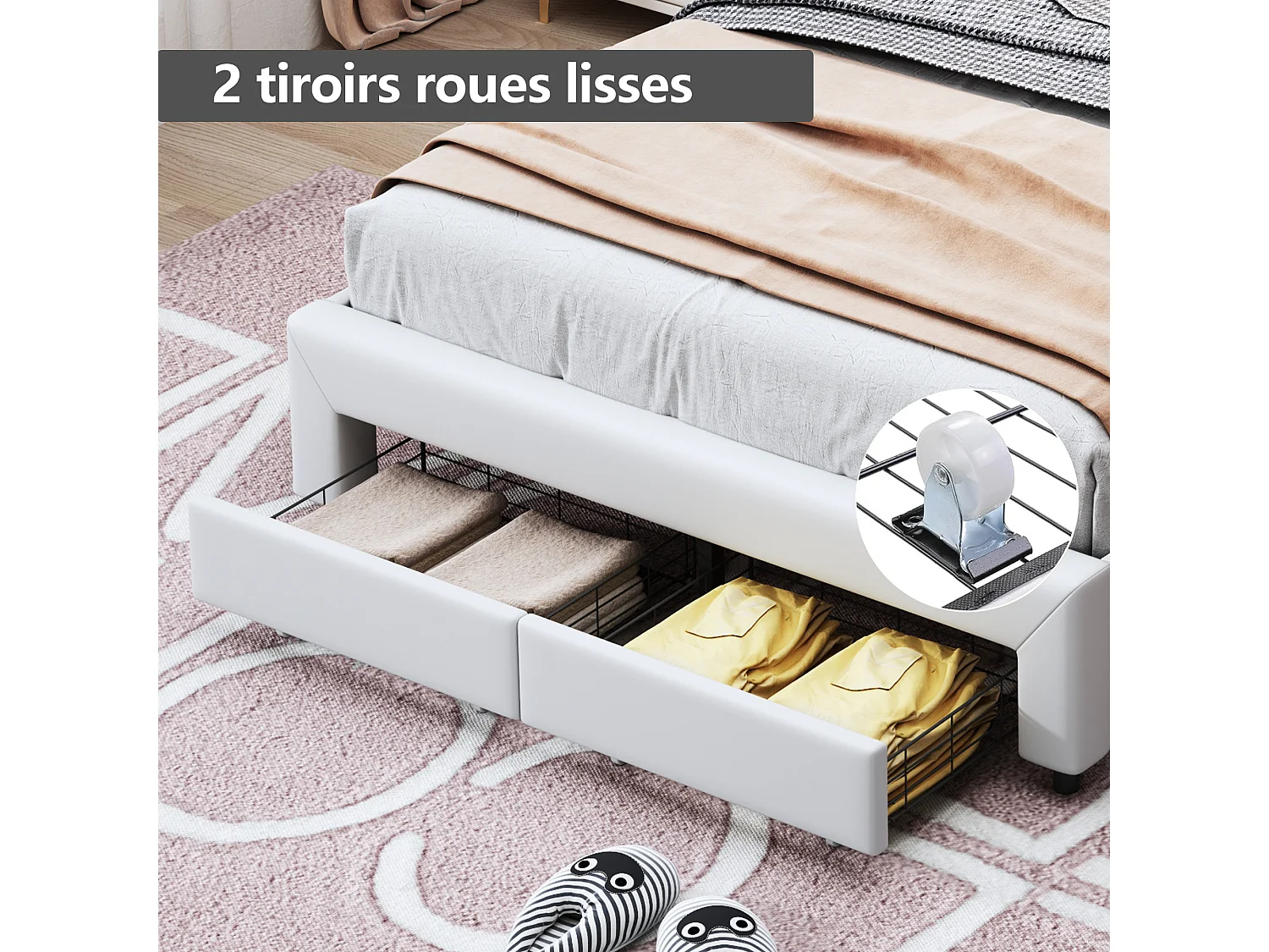 Lit double 140x200 cm avec éclairage LED et 2 tiroirs - Tête de lit Crown réglable en hauteur - PU - Blanc