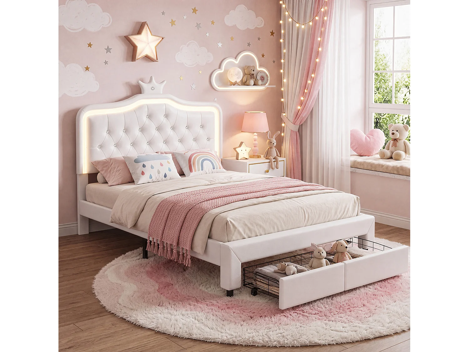 Lit double 140x200 cm avec éclairage LED et 2 tiroirs - Tête de lit Crown réglable en hauteur - PU - Blanc