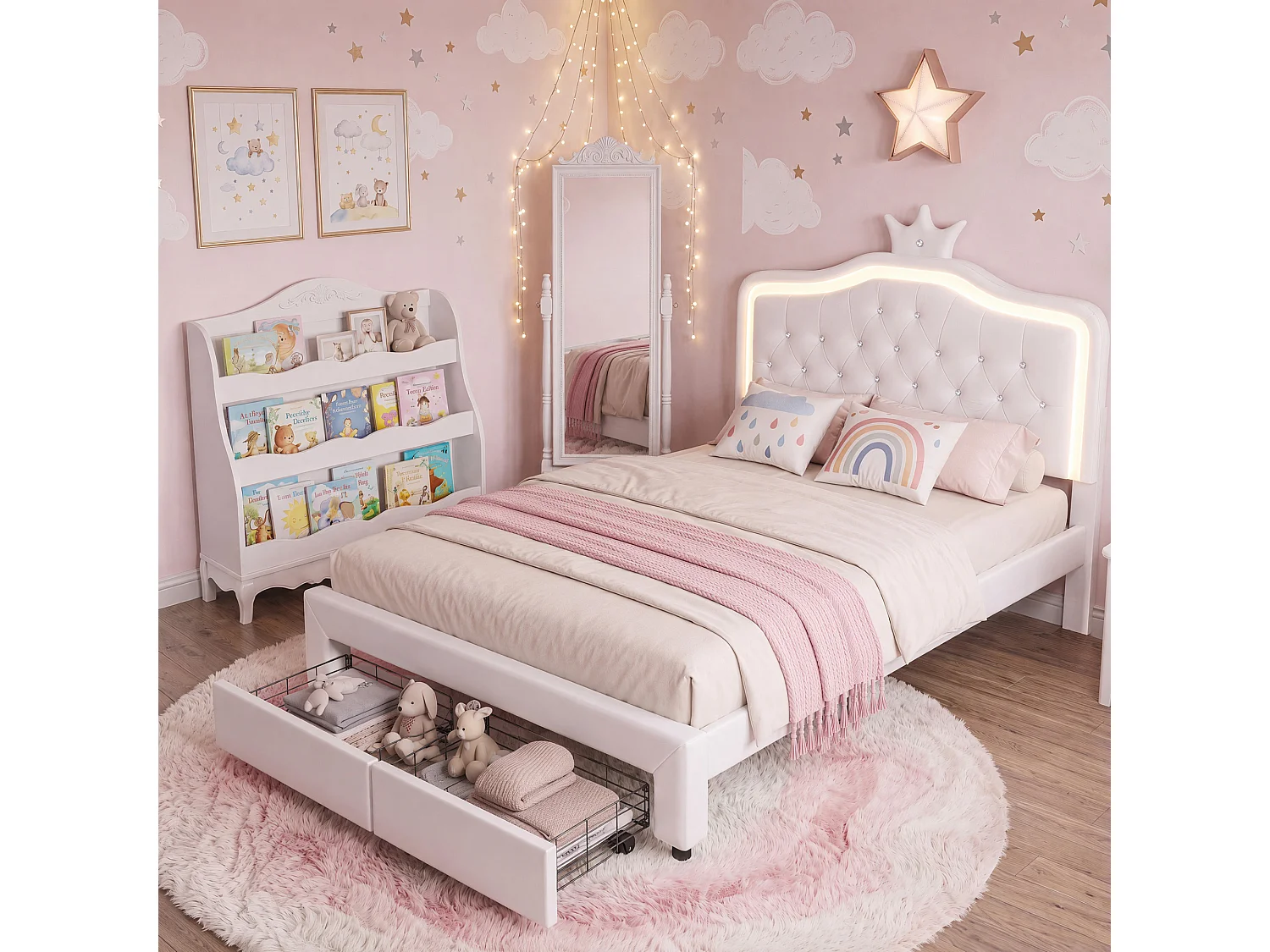 Lit double 140x200 cm avec éclairage LED et 2 tiroirs - Tête de lit Crown réglable en hauteur - PU - Blanc