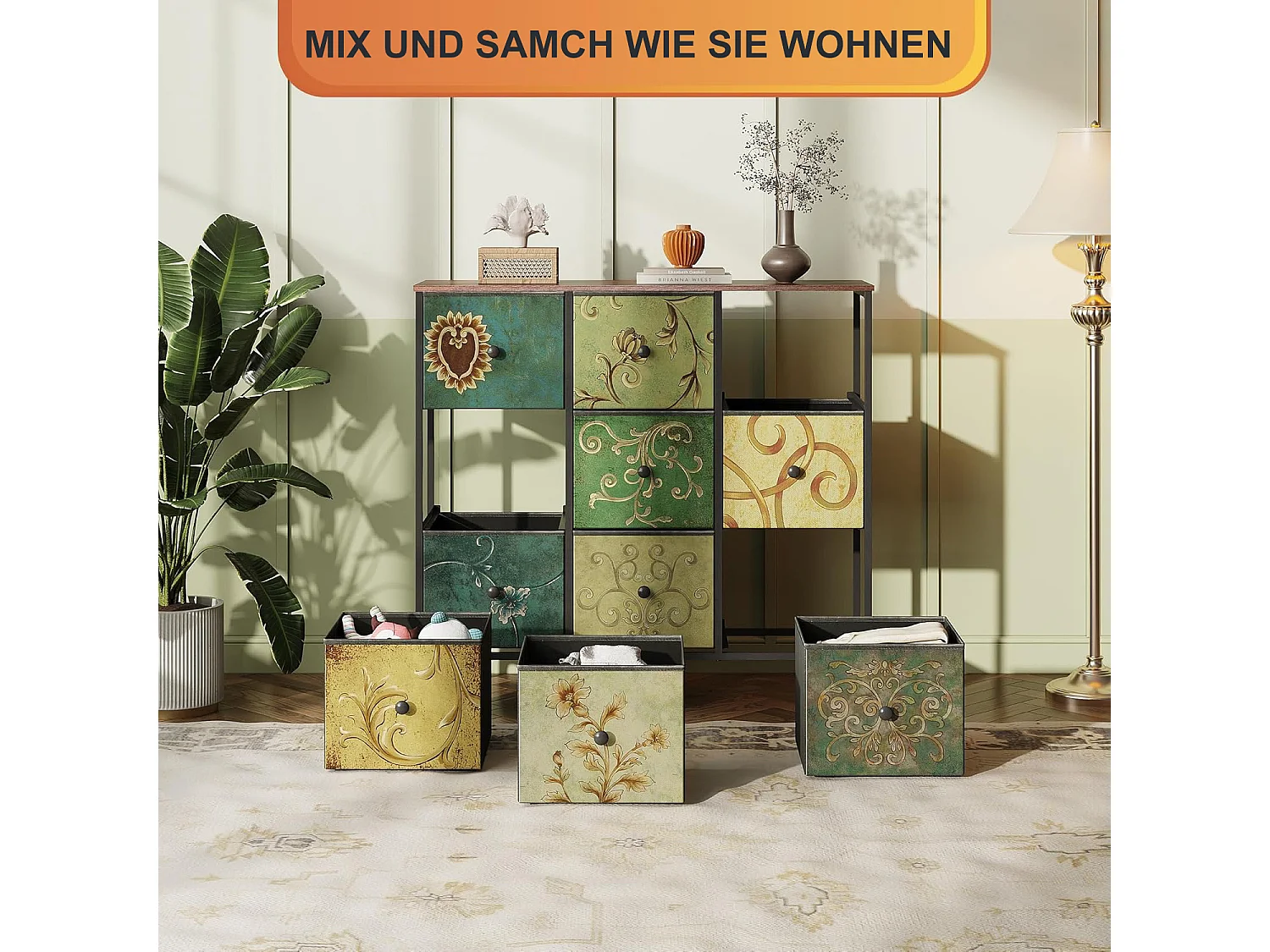 Commode à 9 tiroirs - Meuble de chambre - Structure en métal et plateau en bois - Meuble de rangement pour salon - Style vintage