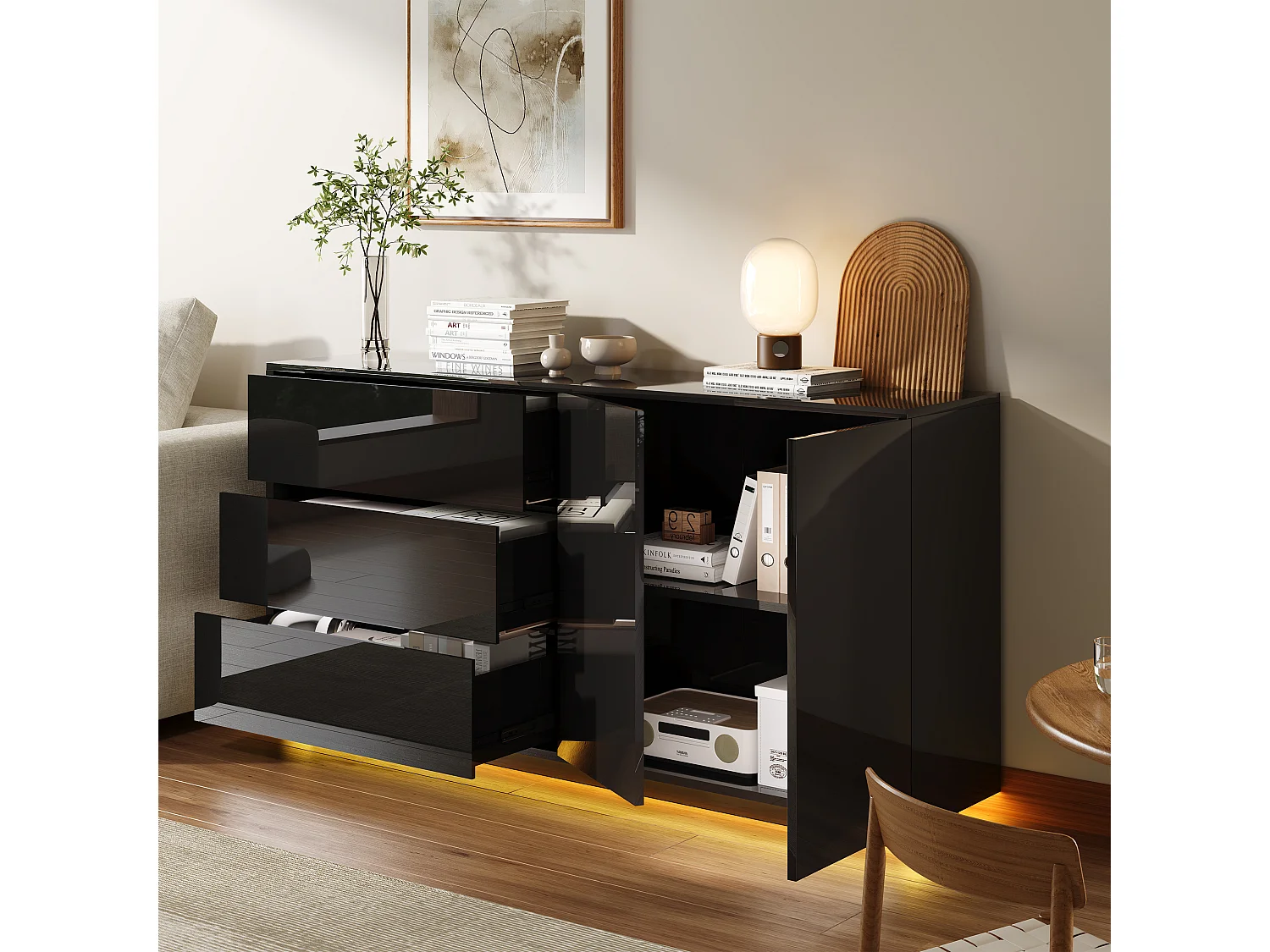 Aparador/cómoda lacado alto brillo con 2 puertas y 3 cajones, mueble de salón con iluminación LED, mueble de cocina, color negro
