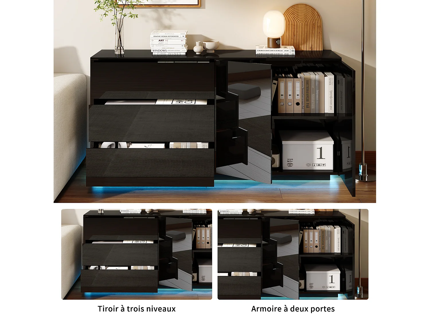 Aparador/cómoda lacado alto brillo con 2 puertas y 3 cajones, mueble de salón con iluminación LED, mueble de cocina, color negro