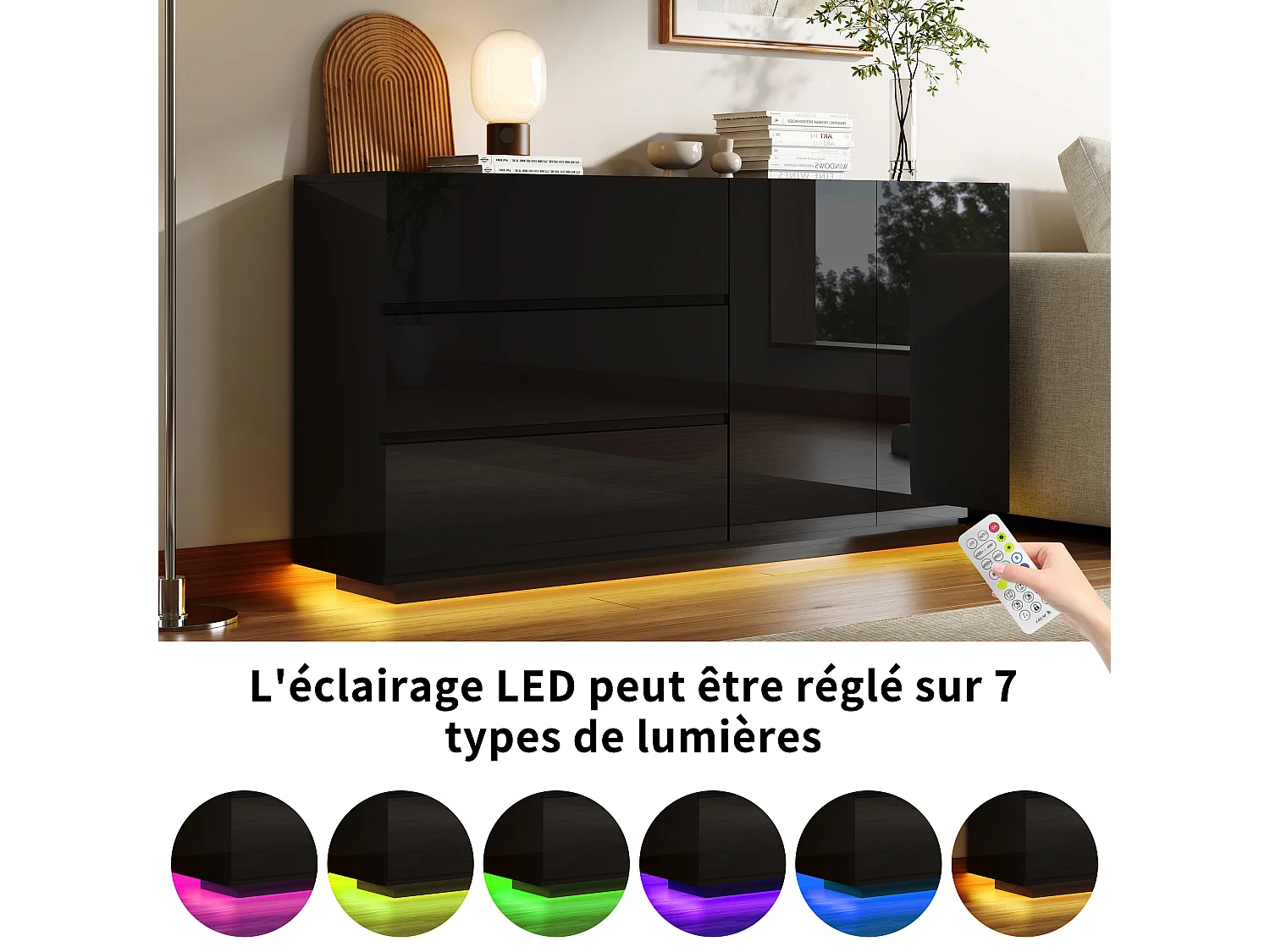 Aparador/cómoda lacado alto brillo con 2 puertas y 3 cajones, mueble de salón con iluminación LED, mueble de cocina, color negro