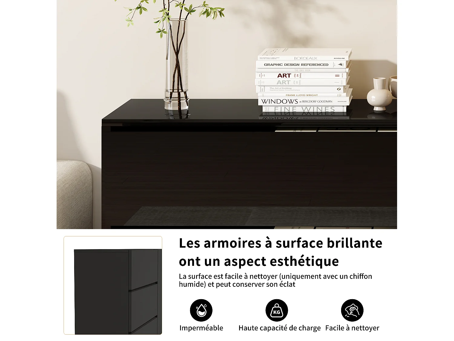 Aparador/cómoda lacado alto brillo con 2 puertas y 3 cajones, mueble de salón con iluminación LED, mueble de cocina, color negro