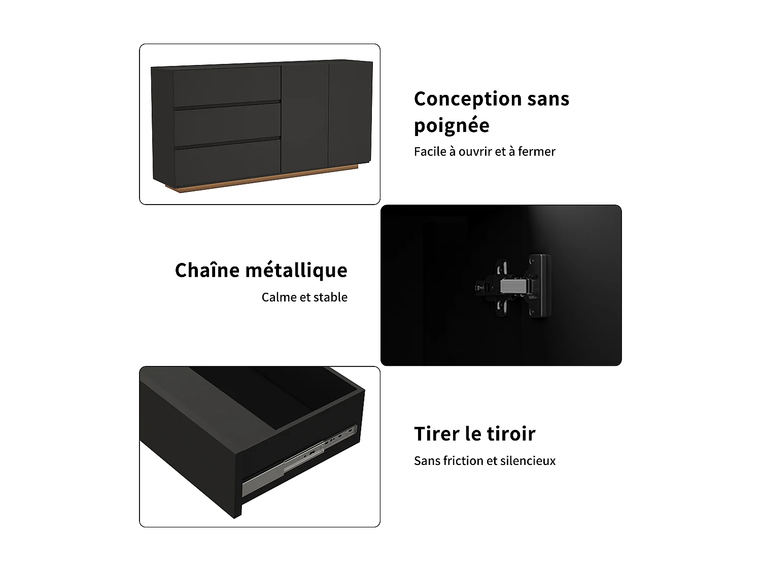 Aparador/cómoda lacado alto brillo con 2 puertas y 3 cajones, mueble de salón con iluminación LED, mueble de cocina, color negro