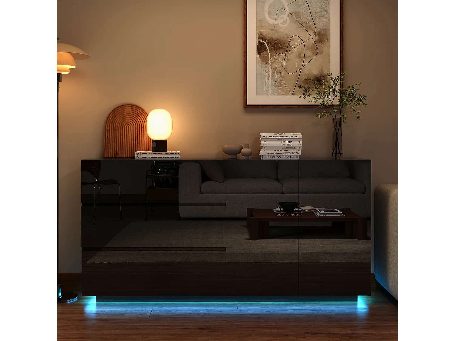 Aparador/cómoda lacado alto brillo con 2 puertas y 3 cajones, mueble de salón con iluminación LED, mueble de cocina, color negro