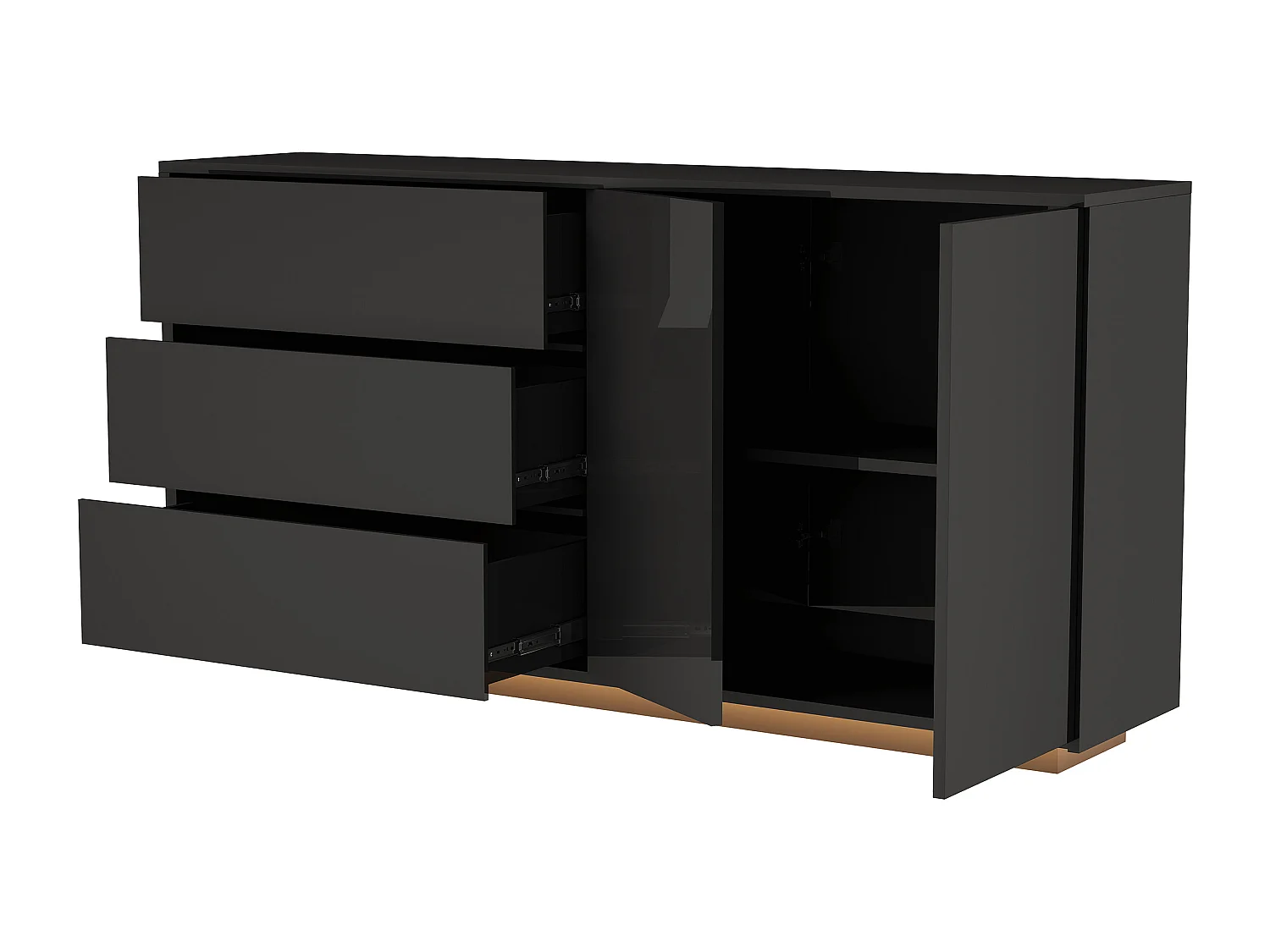 Aparador/cómoda lacado alto brillo con 2 puertas y 3 cajones, mueble de salón con iluminación LED, mueble de cocina, color negro