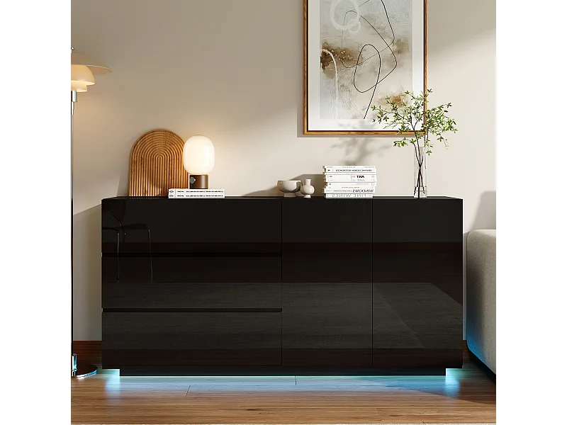 Aparador/cómoda lacado alto brillo con 2 puertas y 3 cajones, mueble de salón con iluminación LED, mueble de cocina, color negro