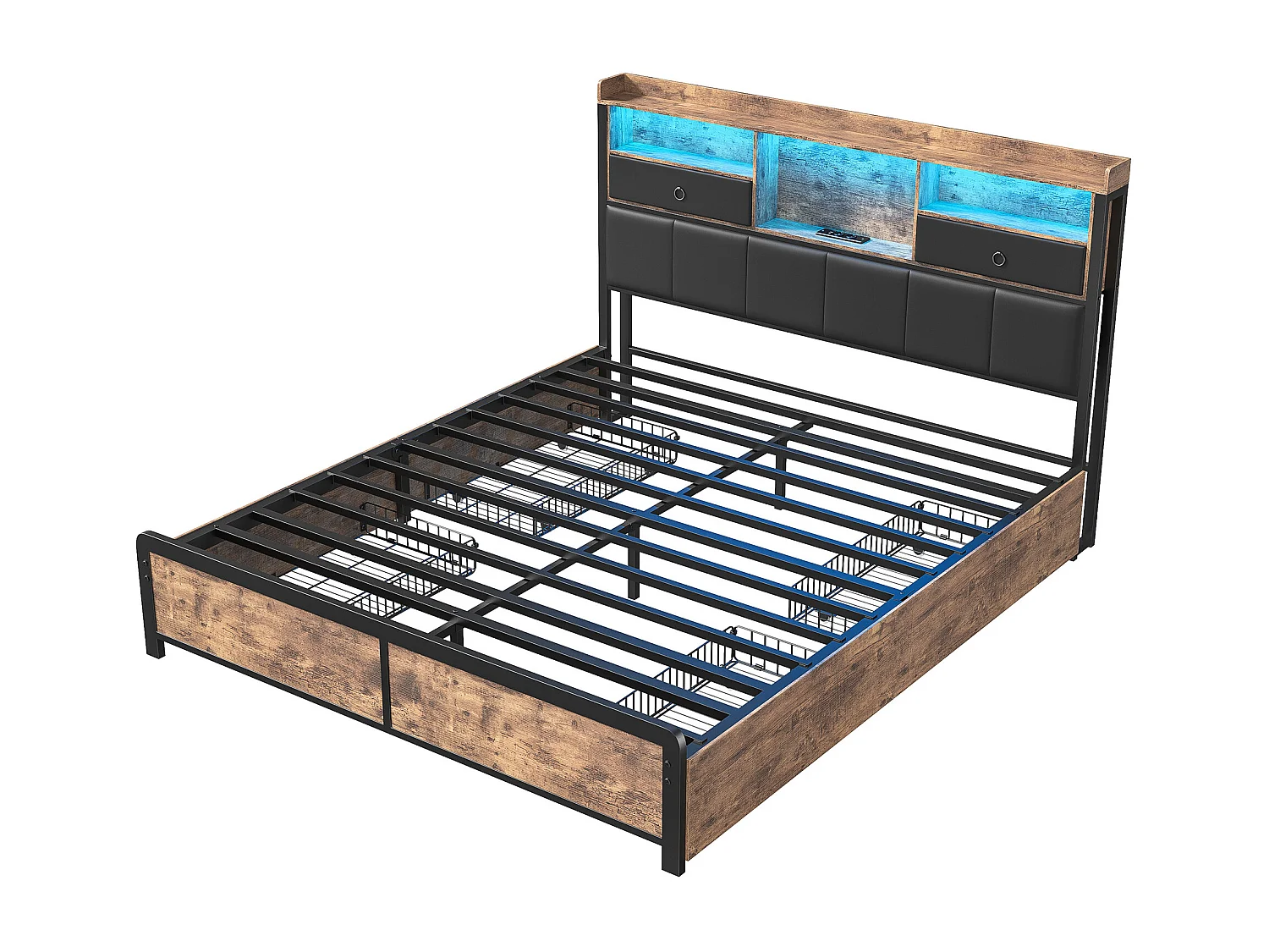 Lit double 160x200cm avec tête de lit LED - ports USB et tiroirs de rangement - 4 tiroirs - noir