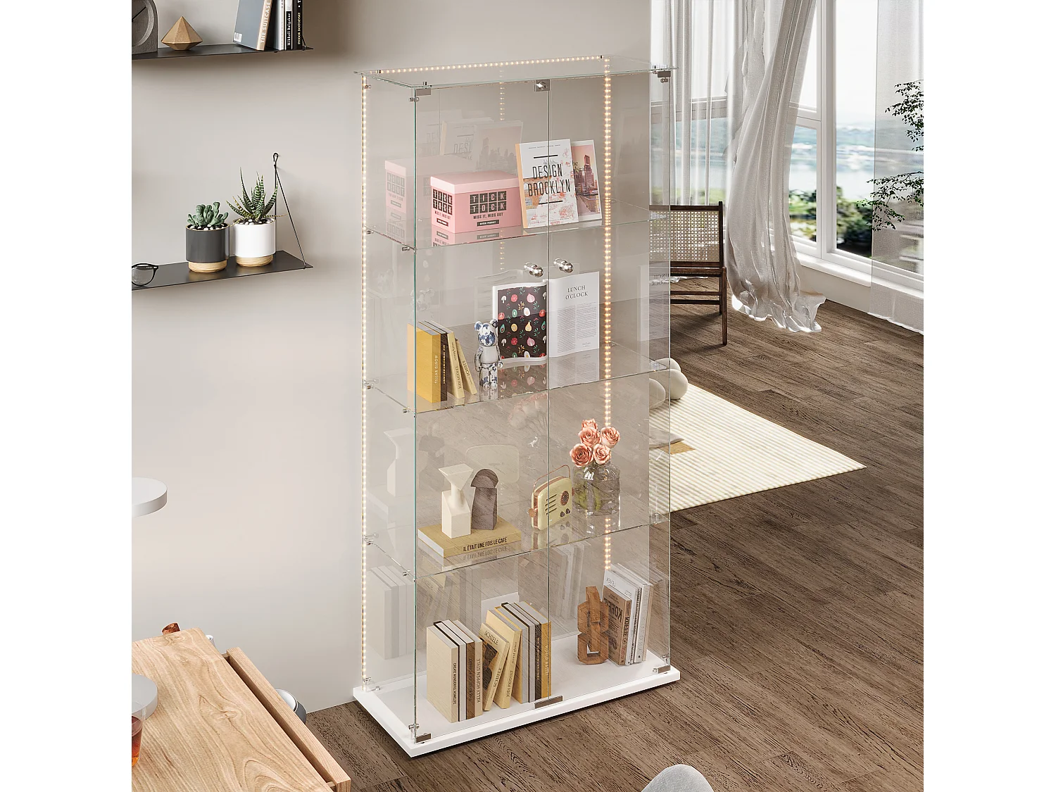 Vitrina de cristal con tiras LED, vitrina, 2 puertas con cerradura, 4 estantes, 163 x 78,5 x 35 cm, color blanco