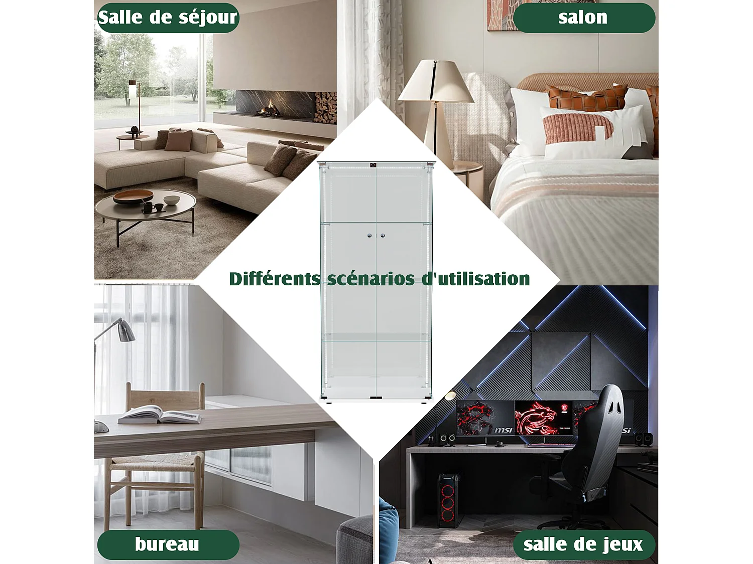 Vitrina de cristal con tiras LED, vitrina, 2 puertas con cerradura, 4 estantes, 163 x 78,5 x 35 cm, color blanco